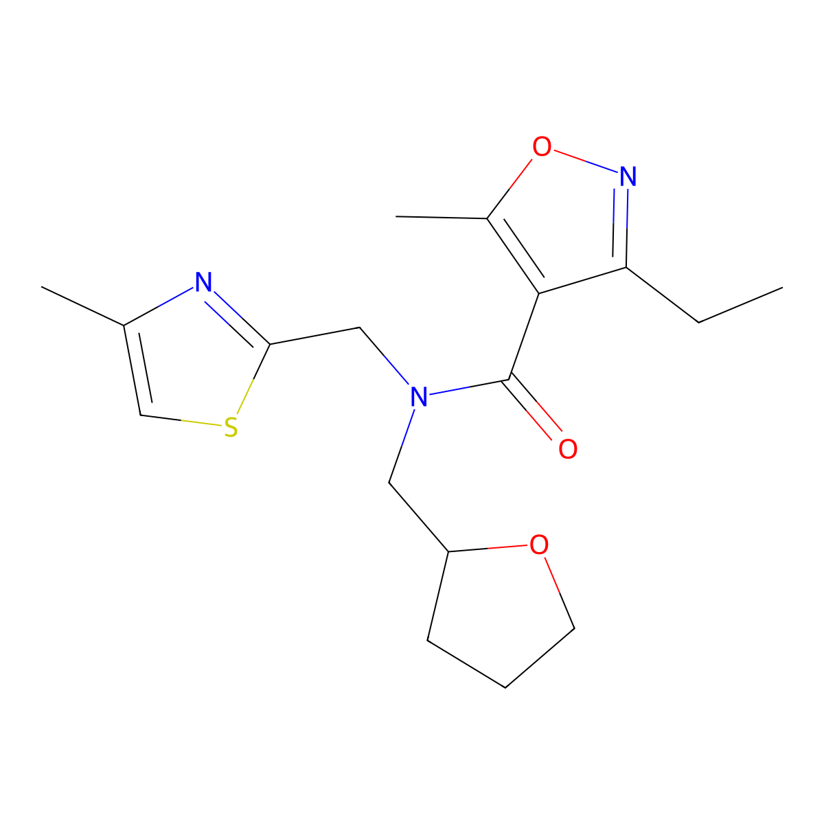 3-ethyl-5-methyl-N-((4-methylthiazol-2-yl)methyl)-N-((tetrahydrofuran-2-yl)methyl)isoxazole-4-carboxamide molecular structure, CAS 1436145-86-6