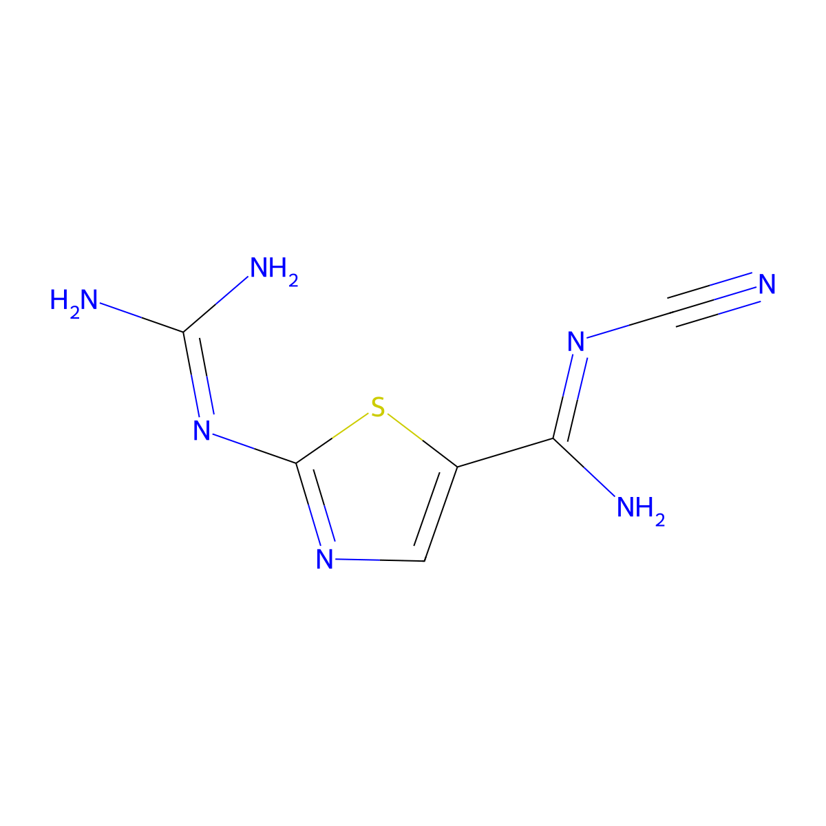 5-Thiazolecarboximidamide, 2-((aminoiminomethyl)amino)-N-cyano- molecular structure, CAS 143659-37-4
