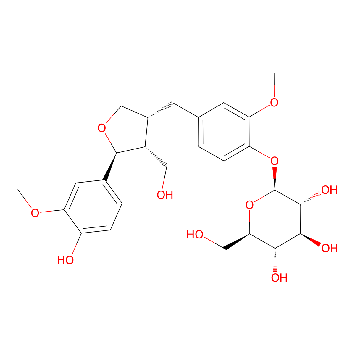 (2S,3R,4S,5S,6R)-2-(4-(((3R,4R,5S)-5-(4-hydroxy-3-methoxyphenyl)-4-(hydroxymethyl)oxolan-3-yl)methyl)-2-methoxyphenoxy)-6-(hydroxymethyl)oxane-3,4,5-triol molecular structure, CAS 143663-00-7
