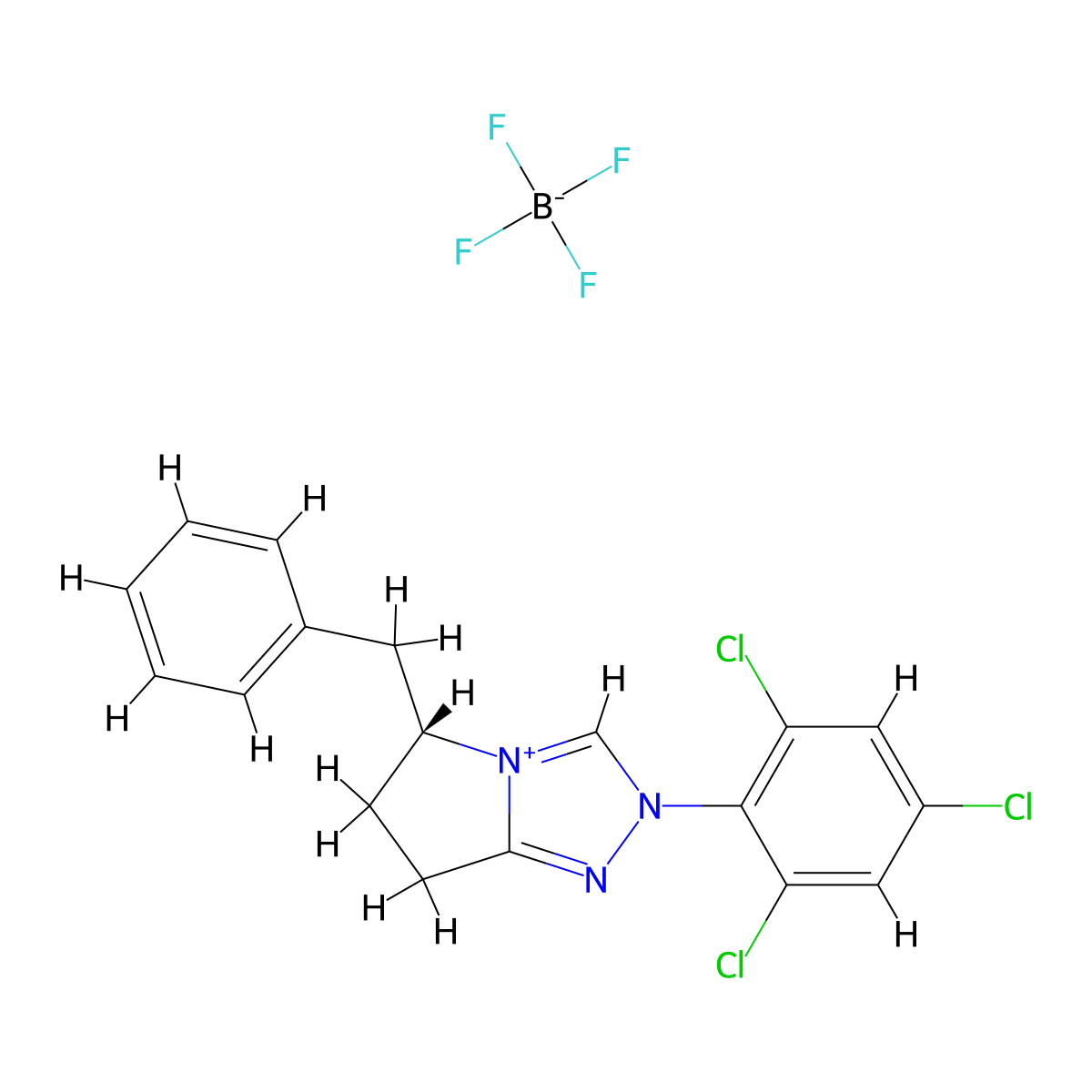 (R)-5-Benzyl-2-(2,4,6-trichlorophenyl)-6,7-dihydro-5H-pyrrolo[2,1-c][1,2,4]triazol-2-ium tetrafluoroborate molecular structure, CAS 1436643-79-6