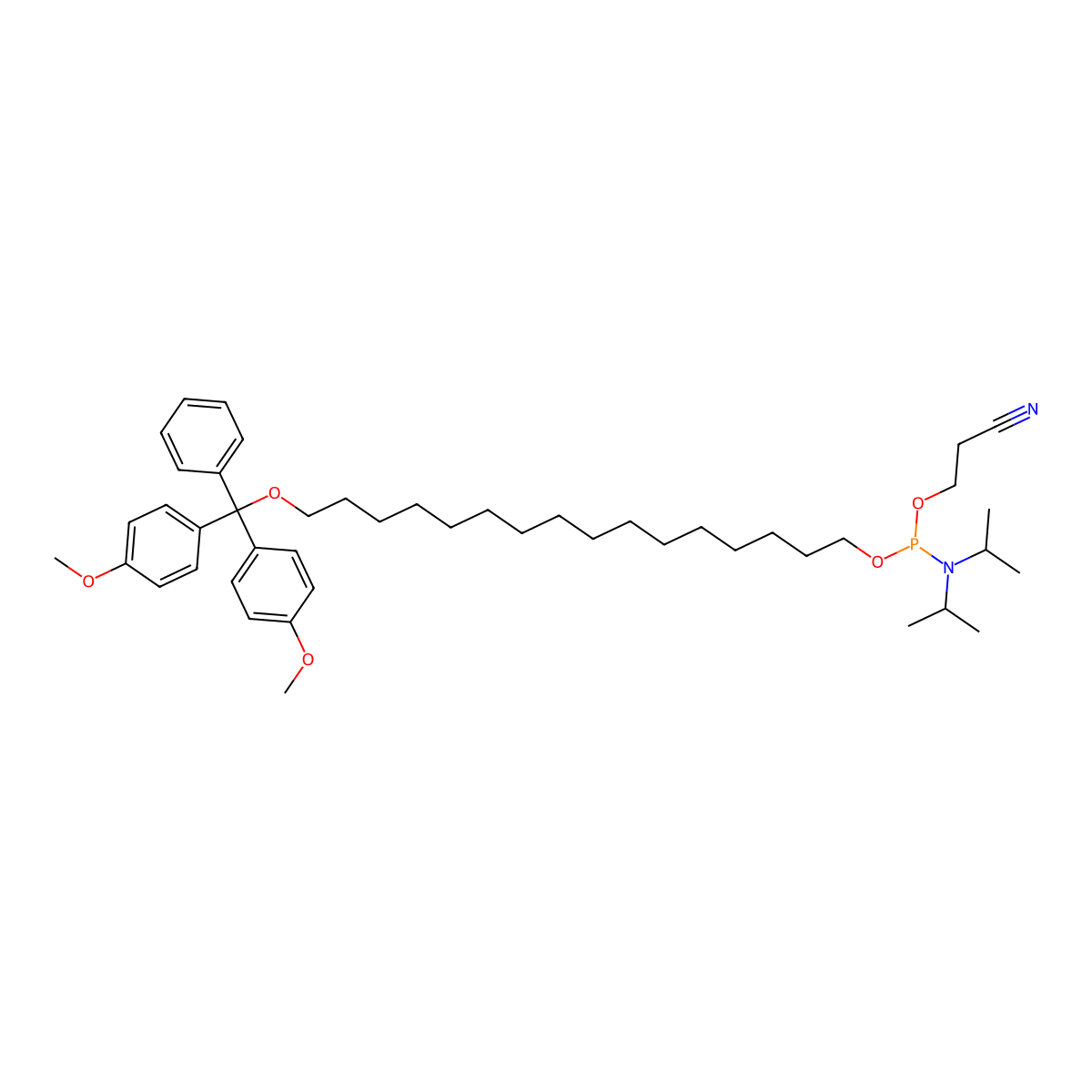 16-(Bis(4-methoxyphenyl)(phenyl)methoxy)hexadecyl (2-cyanoethyl) diisopropylphosphoramidite molecular structure, CAS 143723-70-0