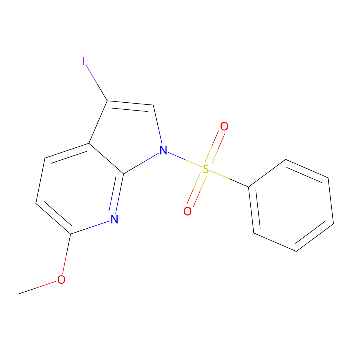 1-(benzenesulfonyl)-3-iodo-6-methoxy-1H-pyrrolo[2,3-b]pyridine molecular structure, CAS 1437327-55-3