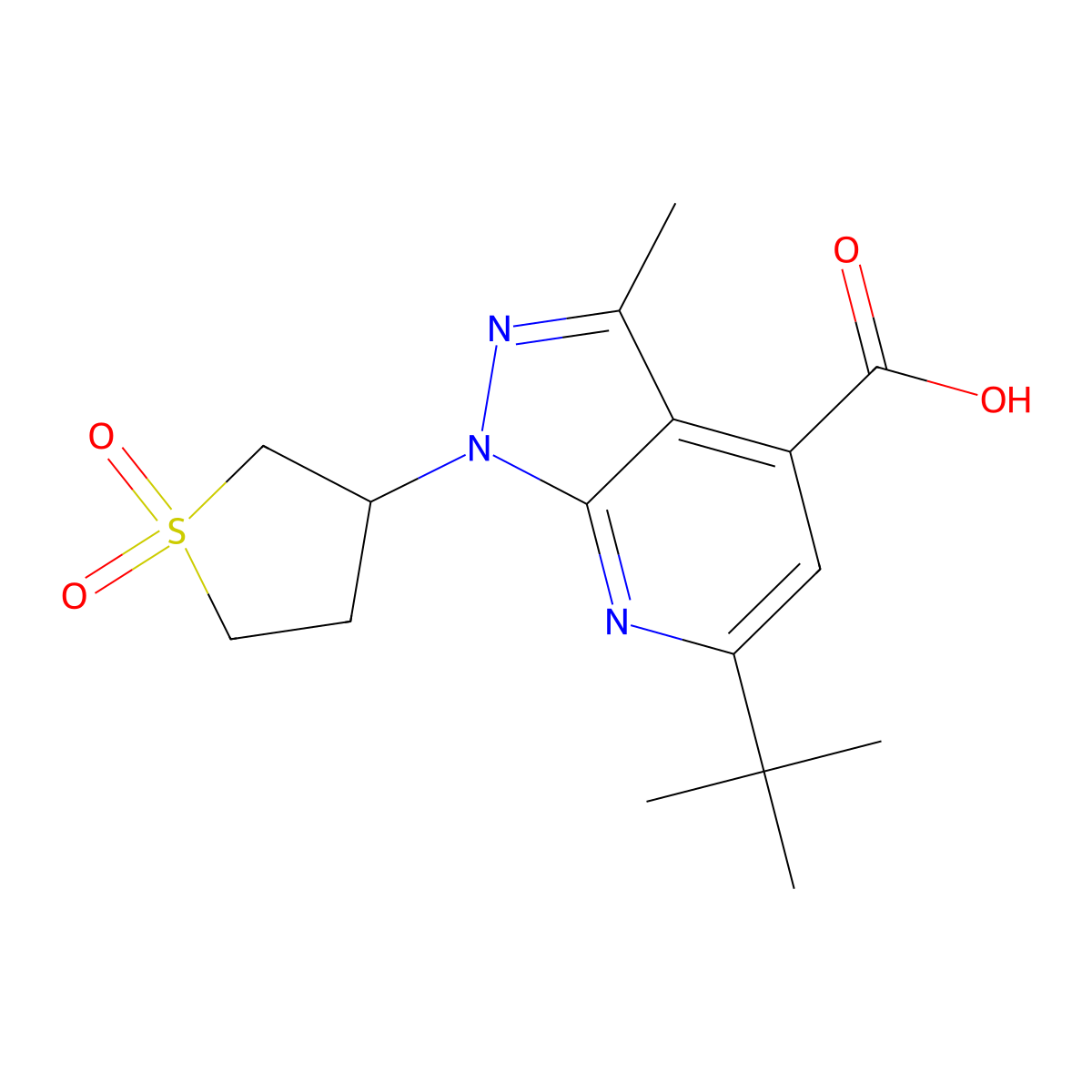 6-(tert-Butyl)-1-(1,1-dioxidotetrahydrothiophen-3-yl)-3-methyl-1H-pyrazolo[3,4-b]pyridine-4-carboxylic acid molecular structure, CAS 1437435-87-4