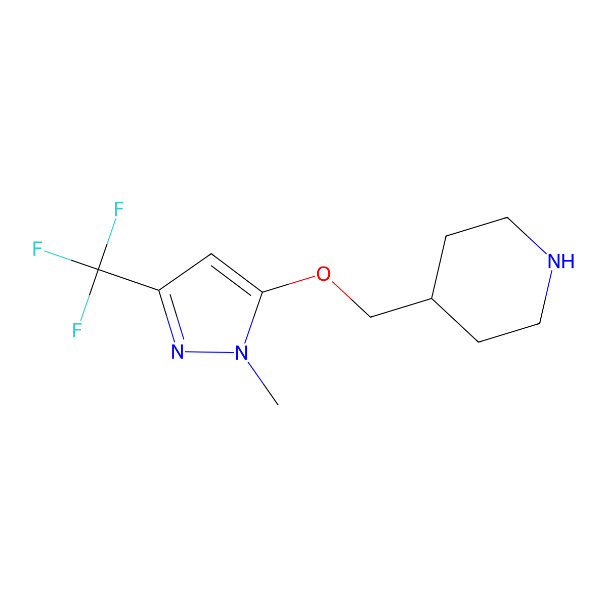 4-(((1-Methyl-3-(trifluoromethyl)-1H-pyrazol-5-yl)oxy)methyl)piperidine molecular structure, CAS 1437481-05-4