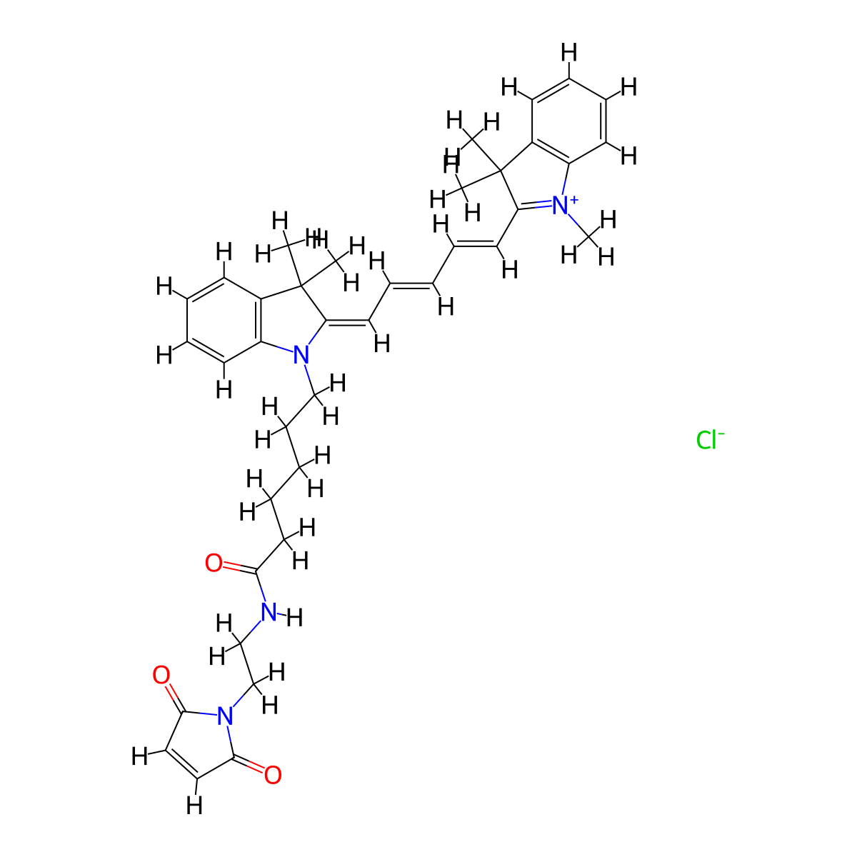 3H-Indolium, 2-(5-(1-(6-((2-(2,5-dihydro-2,5-dioxo-1H-pyrrol-1-yl)ethyl)amino)-6-oxohexyl)-1,3-dihydro-3,3-dimethyl-2H-indol-2-ylidene)-1,3-pentadien-1-yl)-1,3,3-trimethyl-, chloride (1:1) molecular structure, CAS 1437796-65-0