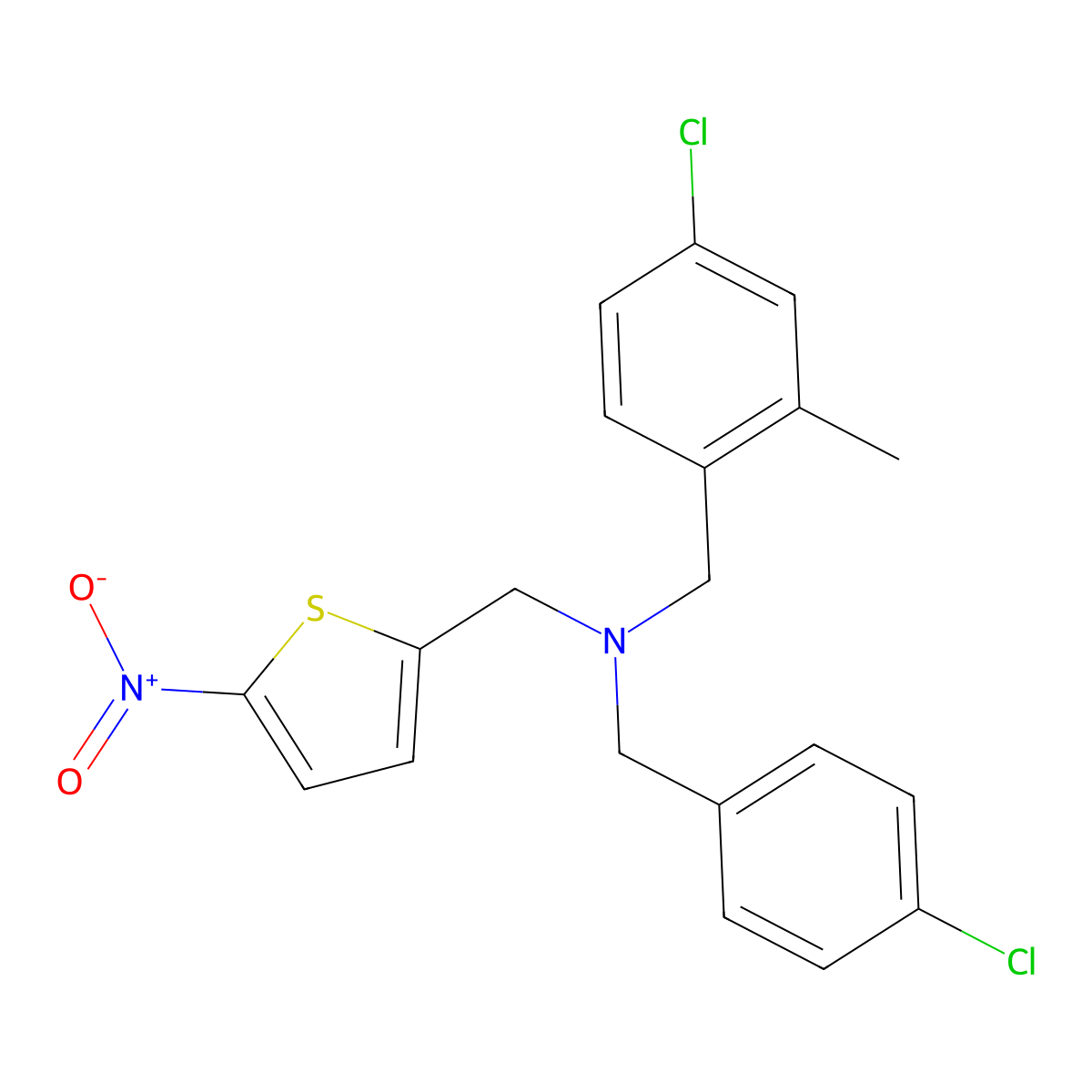 N-[(4-chloro-2-methylphenyl)methyl]-1-(4-chlorophenyl)-N-[(5-nitrothiophen-2-yl)methyl]methanamine molecular structure, CAS 1438071-12-5