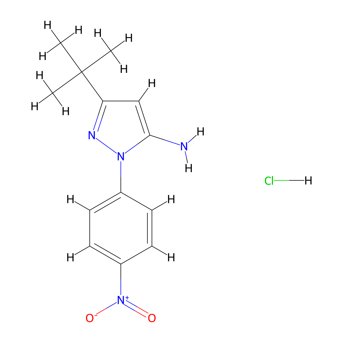1H-Pyrazol-5-amine, 3-(1,1-dimethylethyl)-1-(4-nitrophenyl)-, hydrochloride (1:1) molecular structure, CAS 1438393-57-7