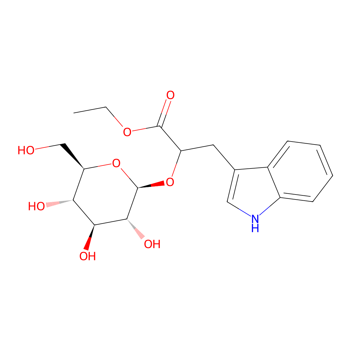 Ethyl alpha-(beta-D-glucopyranosyloxy)-1H-indole-3-propanoate molecular structure, CAS 143884-93-9