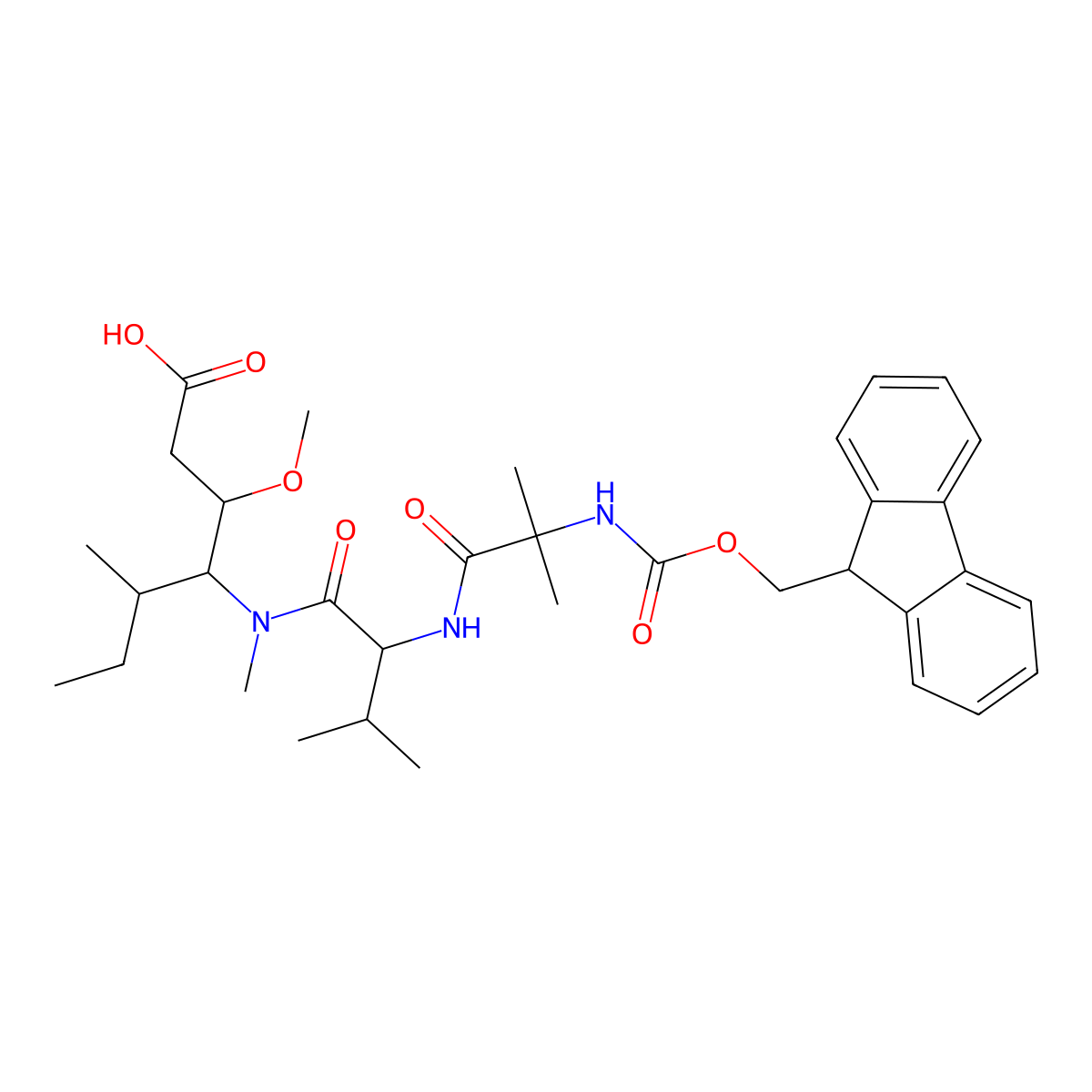L-Valinamide, N-[(9H-fluoren-9-ylmethoxy)carbonyl]-2-methylalanyl-N-[(1S,2S)-1-[(1R)-2-carboxy-1-methoxyethyl]-2-methylbutyl]-N-methyl- molecular structure, CAS 1438851-55-8