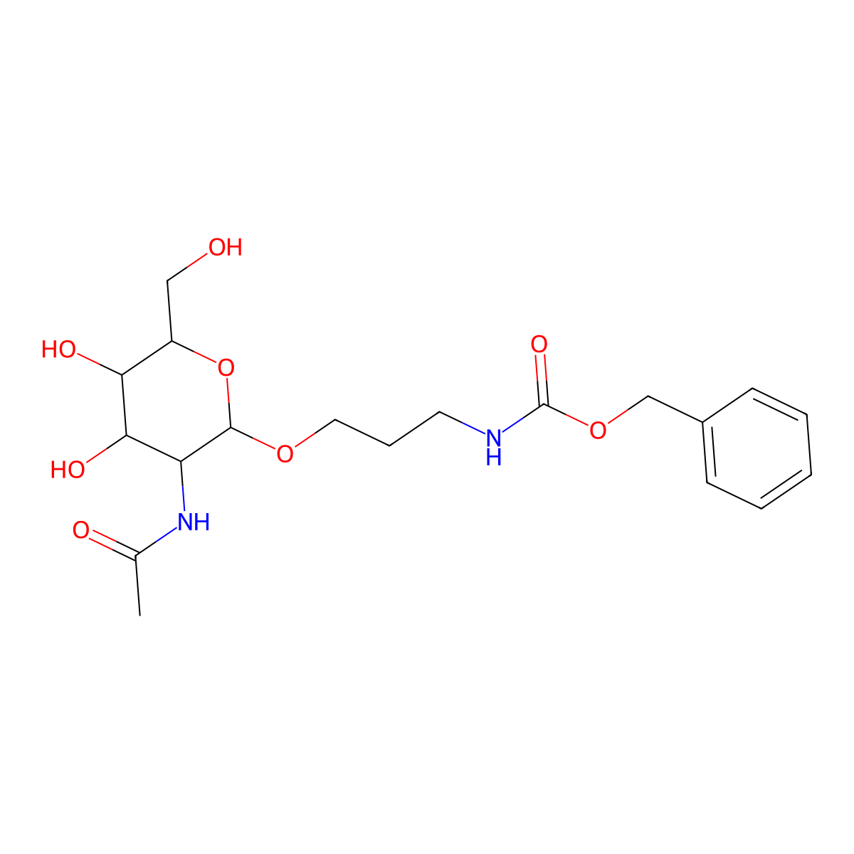 Benzyl (3-(((2R,3R,4R,5R,6R)-3-acetamido-4,5-dihydroxy-6-(hydroxymethyl)tetrahydro-2H-pyran-2-yl)oxy)propyl)carbamate molecular structure, CAS 143918-34-7