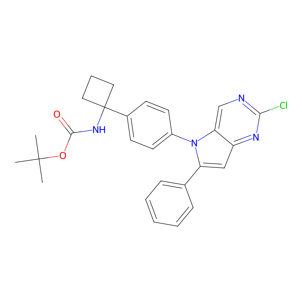 tert-butyl N-(1-(4-(2-chloro-6-phenyl-5H-pyrrolo[3,2-d]pyrimidin-5-yl)phenyl)cyclobutyl)carbamate molecular structure, CAS 1439396-25-4