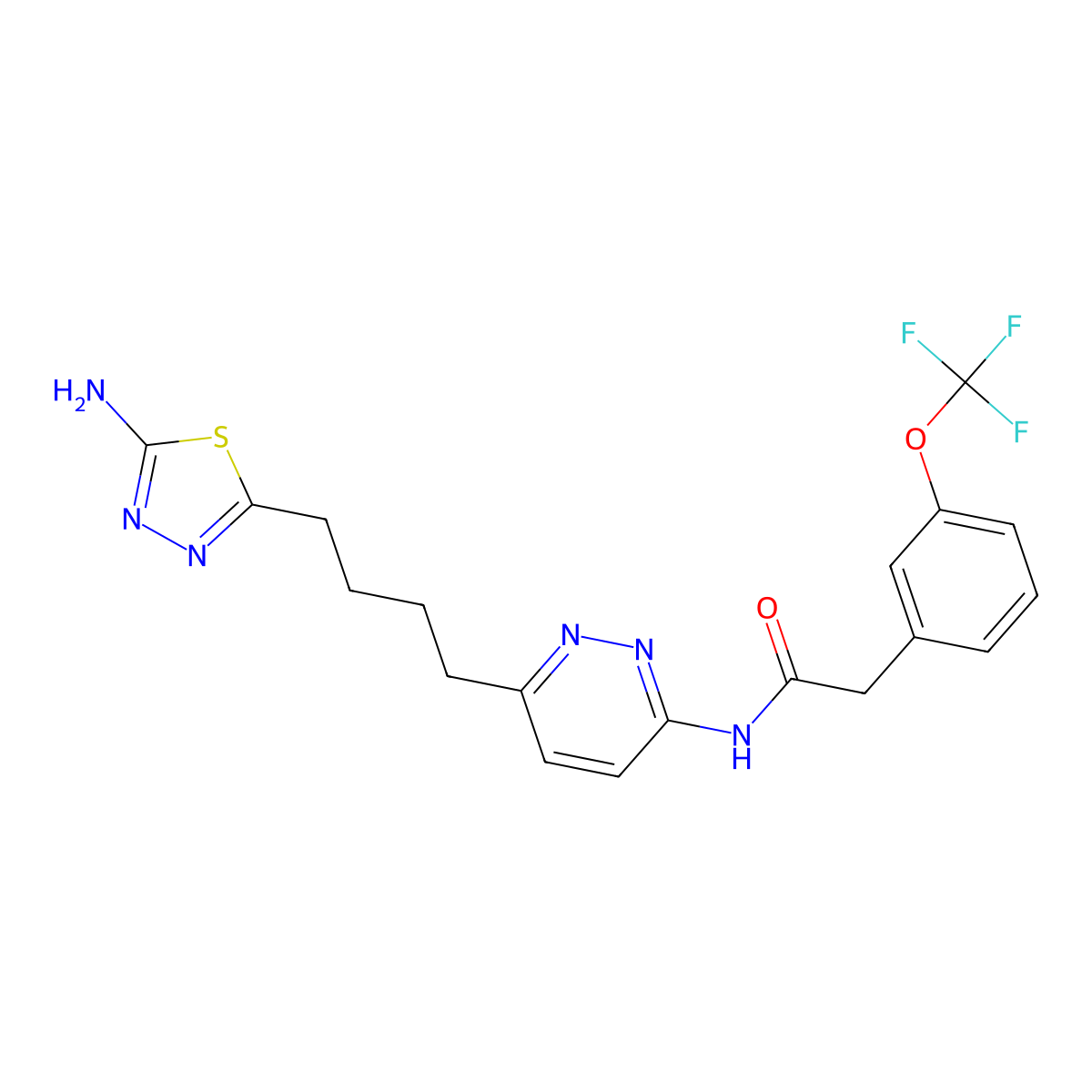 N-(6-(4-(5-amino-1,3,4-thiadiazol-2-yl)butyl)pyridazin-3-yl)-2-(3-(trifluoromethoxy)phenyl)acetamide molecular structure, CAS 1439399-45-7