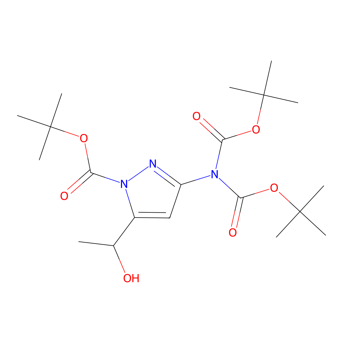 tert-Butyl 3-((di-tert-butoxycarbonyl)amino)-5-(1-hydroxyethyl)-1H-pyrazole-1-carboxylate molecular structure, CAS 1439824-04-0