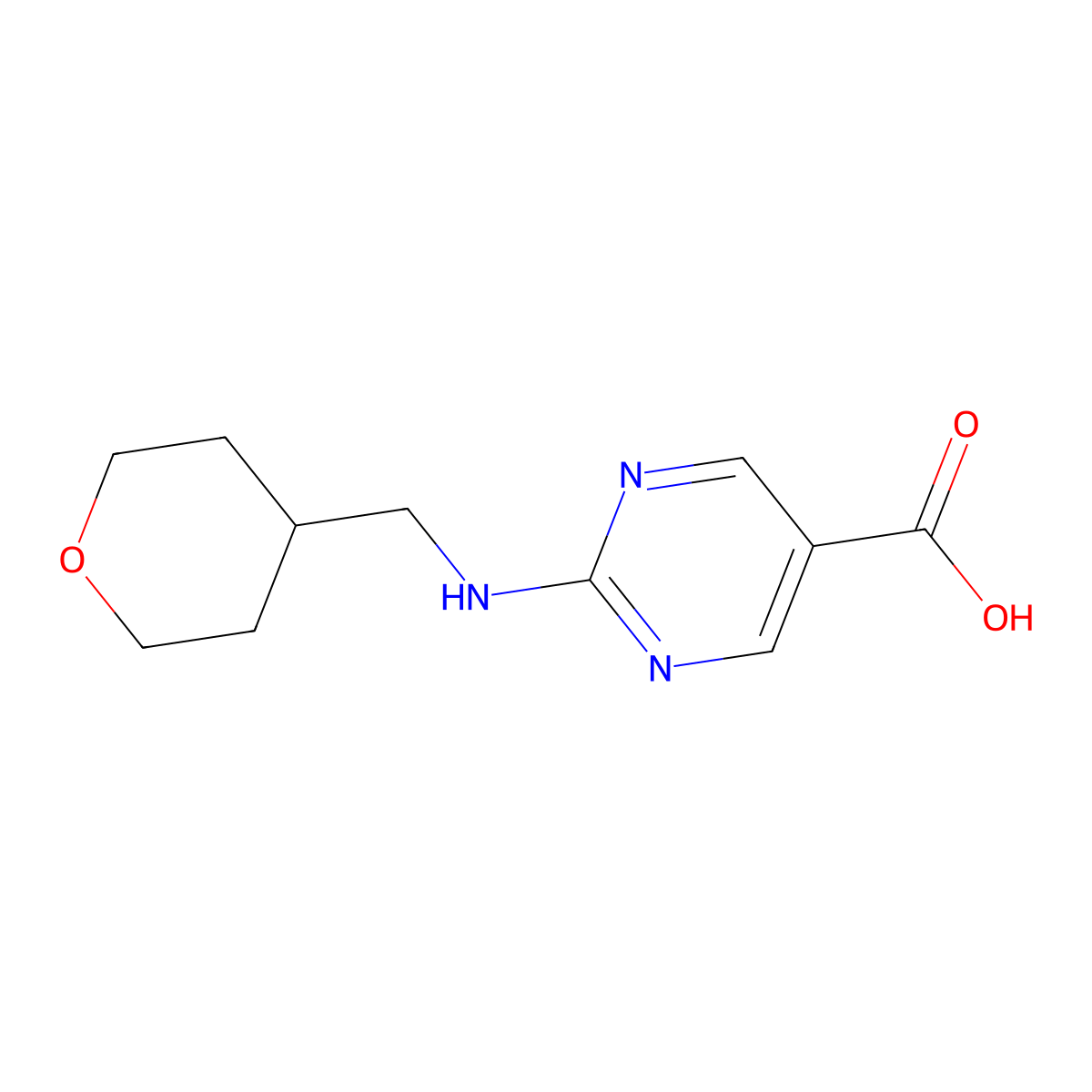2-[(Tetrahydro-2H-pyran-4-ylmethyl)amino]pyrimidine-5-carboxylic acid molecular structure, CAS 1439896-48-6