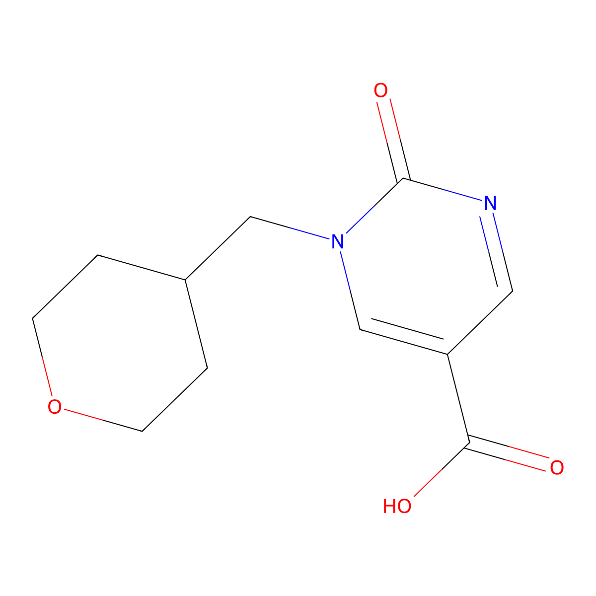 2-Oxo-1-[(tetrahydro-2H-pyran-4-yl)methyl]-1,2-dihydropyrimidine-5-carboxylic ac molecular structure, CAS 1439902-37-0