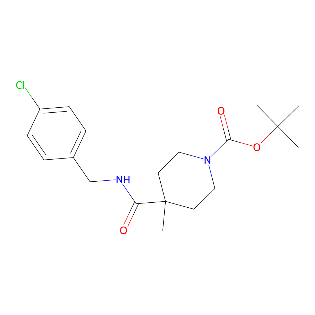 tert-Butyl 4-((4-chlorobenzyl)carbamoyl)-4-methylpiperidine-1-carboxylate molecular structure, CAS 1439905-23-3