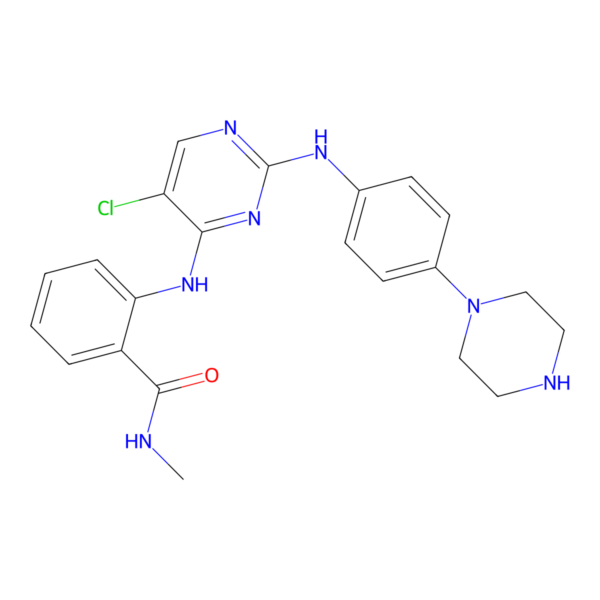 2-((5-chloro-2-((4-(piperazin-1-yl)phenyl)amino)pyrimidin-4-yl)amino)-N-methylbenzamide molecular structure, CAS 1439934-41-4