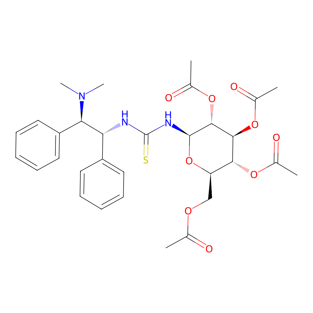 (2R,3R,4S,5R,6R)-2-(Acetoxymethyl)-6-(3-((1R,2R)-2-(dimethylamino)-1,2-diphenylethyl)thioureido)tetrahydro-2H-pyran-3,4,5-triyl triacetate molecular structure, CAS 1440198-44-6