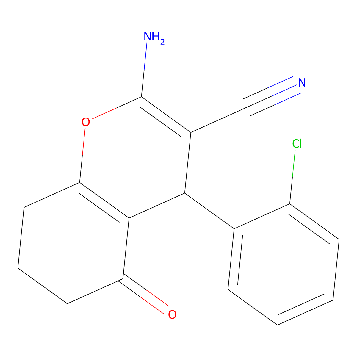 2-amino-4-(2-chlorophenyl)-5-oxo-5,6,7,8-tetrahydro-4H-chromene-3-carbonitrile molecular structure, CAS 144036-32-8