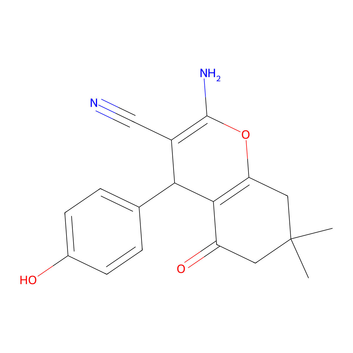 2-amino-4-(4-hydroxyphenyl)-7,7-dimethyl-5-oxo-5,6,7,8-tetrahydro-4H-chromene-3-carbonitrile molecular structure, CAS 144036-34-0