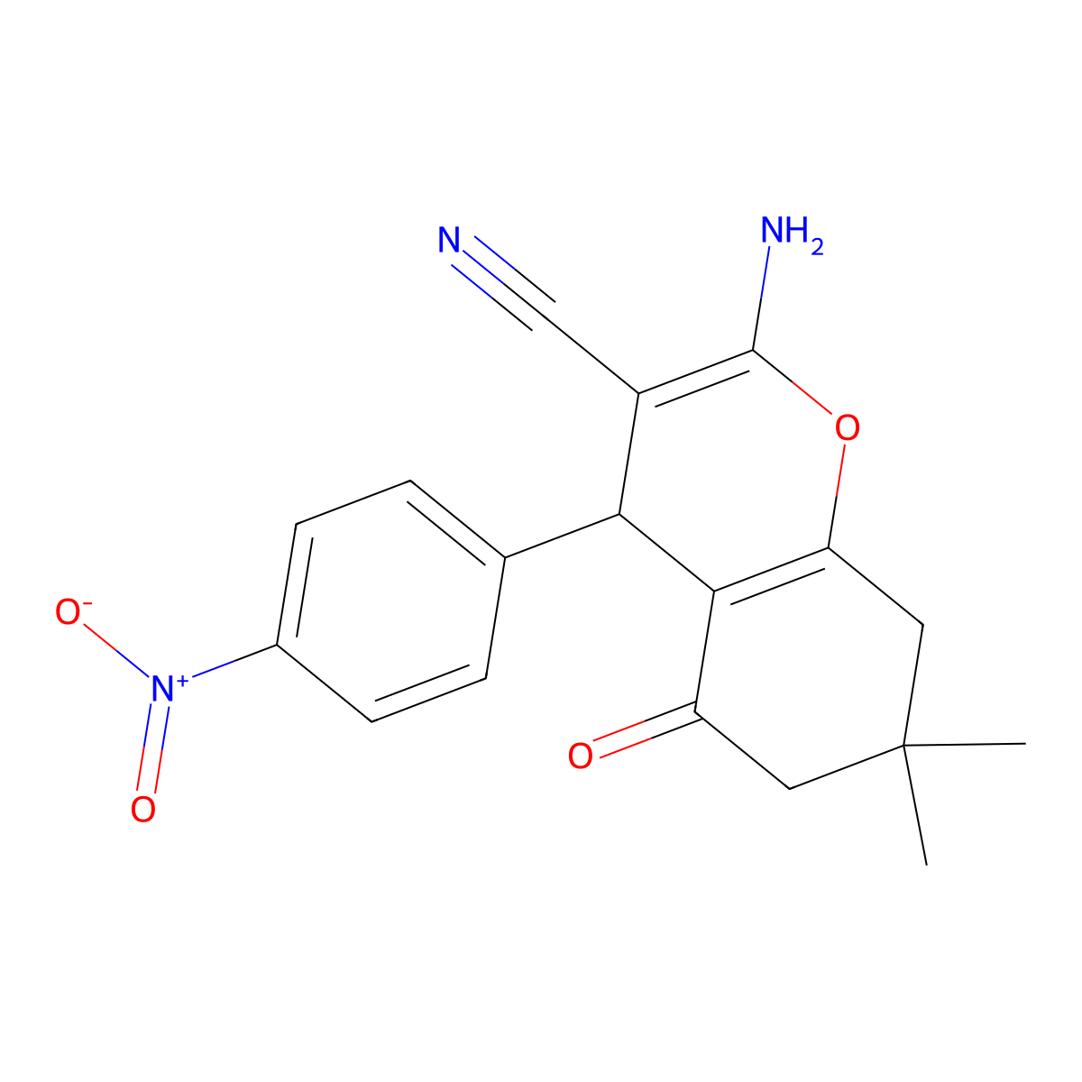 2-amino-7,7-dimethyl-4-(4-nitrophenyl)-5-oxo-5,6,7,8-tetrahydro-4H-chromene-3-carbonitrile molecular structure, CAS 144036-35-1
