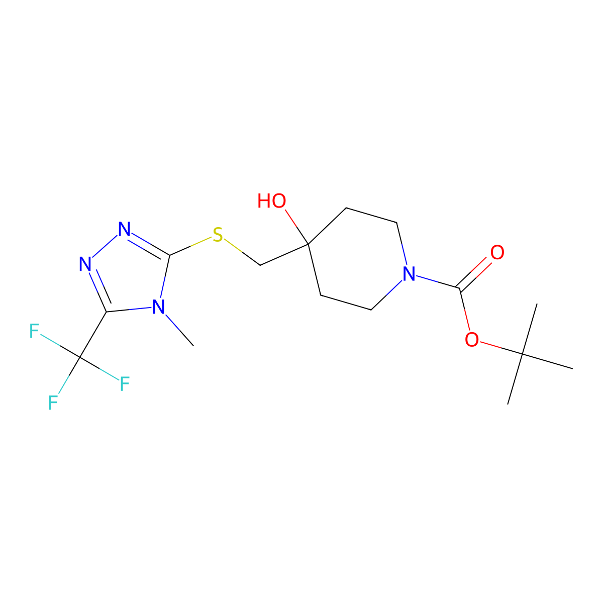 tert-Butyl 4-hydroxy-4-({[4-methyl-5-(trifluoromethyl)-4H-1,2,4-triazol-3-yl]thio}methyl)piperidine-1-carboxylate molecular structure, CAS 1440535-72-7