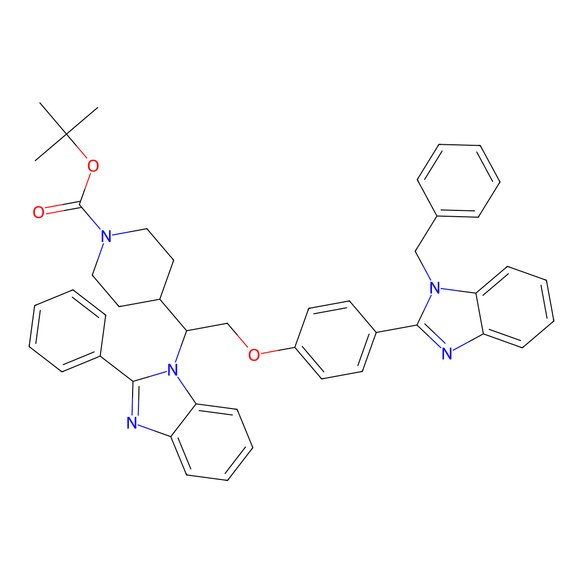 1-Piperidinecarboxylic acid, 4-[1-(2-phenyl-1H-benzimidazol-1-yl)-2-[4-[1-(phenylmethyl)-1H-benzimidazol-2-yl]phenoxy]ethyl]-, 1,1-dimethylethyl ester molecular structure, CAS 1440754-07-3