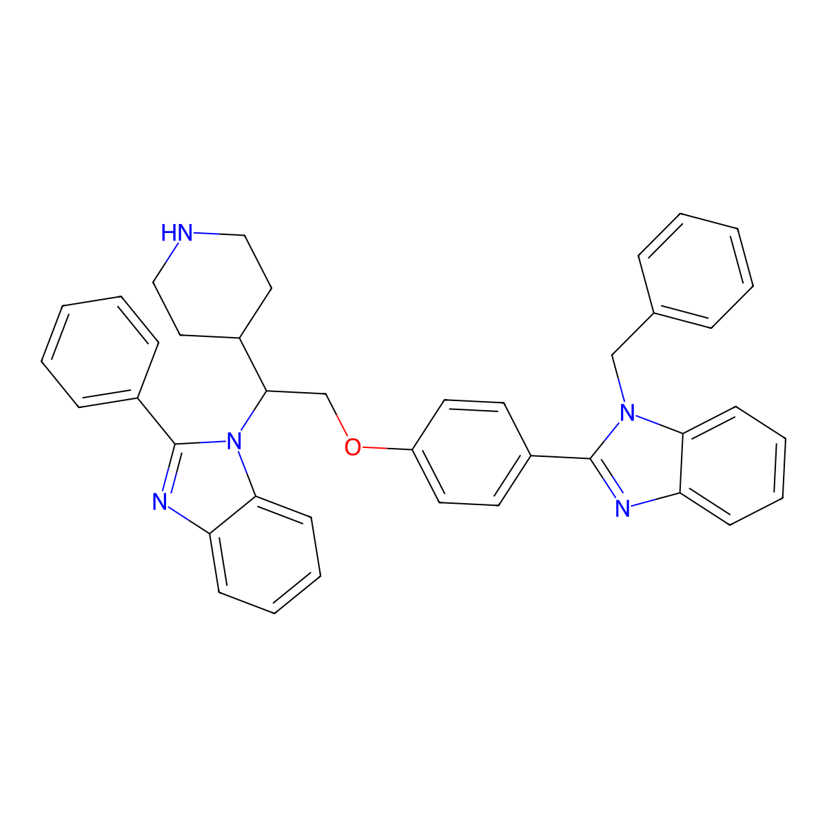 1H-Benzimidazole, 2-[4-[2-(2-phenyl-1H-benzimidazol-1-yl)-2-(4-piperidinyl)ethoxy]phenyl]-1-(phenylmethyl)- molecular structure, CAS 1440754-12-0
