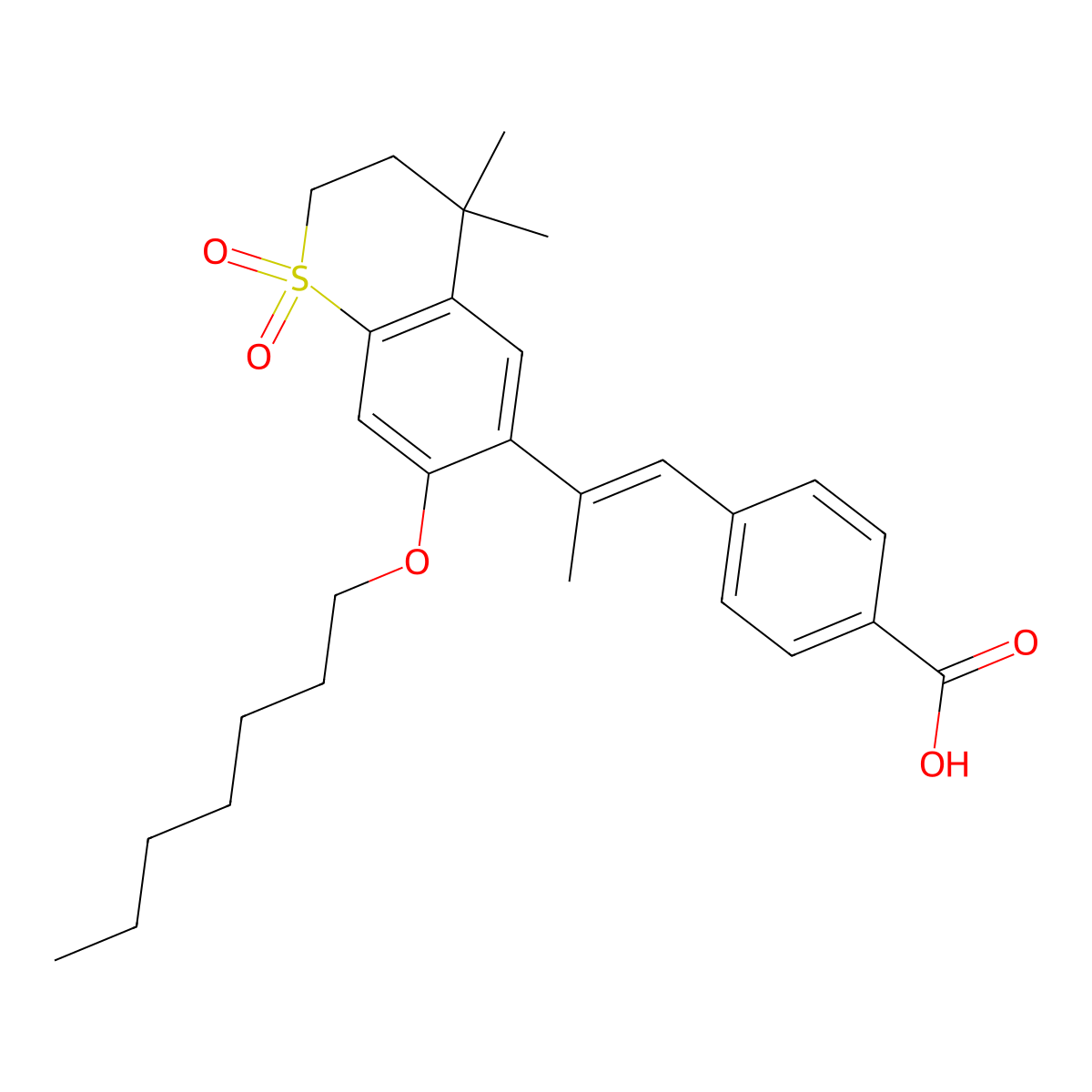 4-((1E)-2-(7-(Heptyloxy)-3,4-dihydro-4,4-dimethyl-1,1-dioxido-2H-1-benzothiopyran-6-yl)-1-propen-1-yl)benzoic acid molecular structure, CAS 144092-31-9