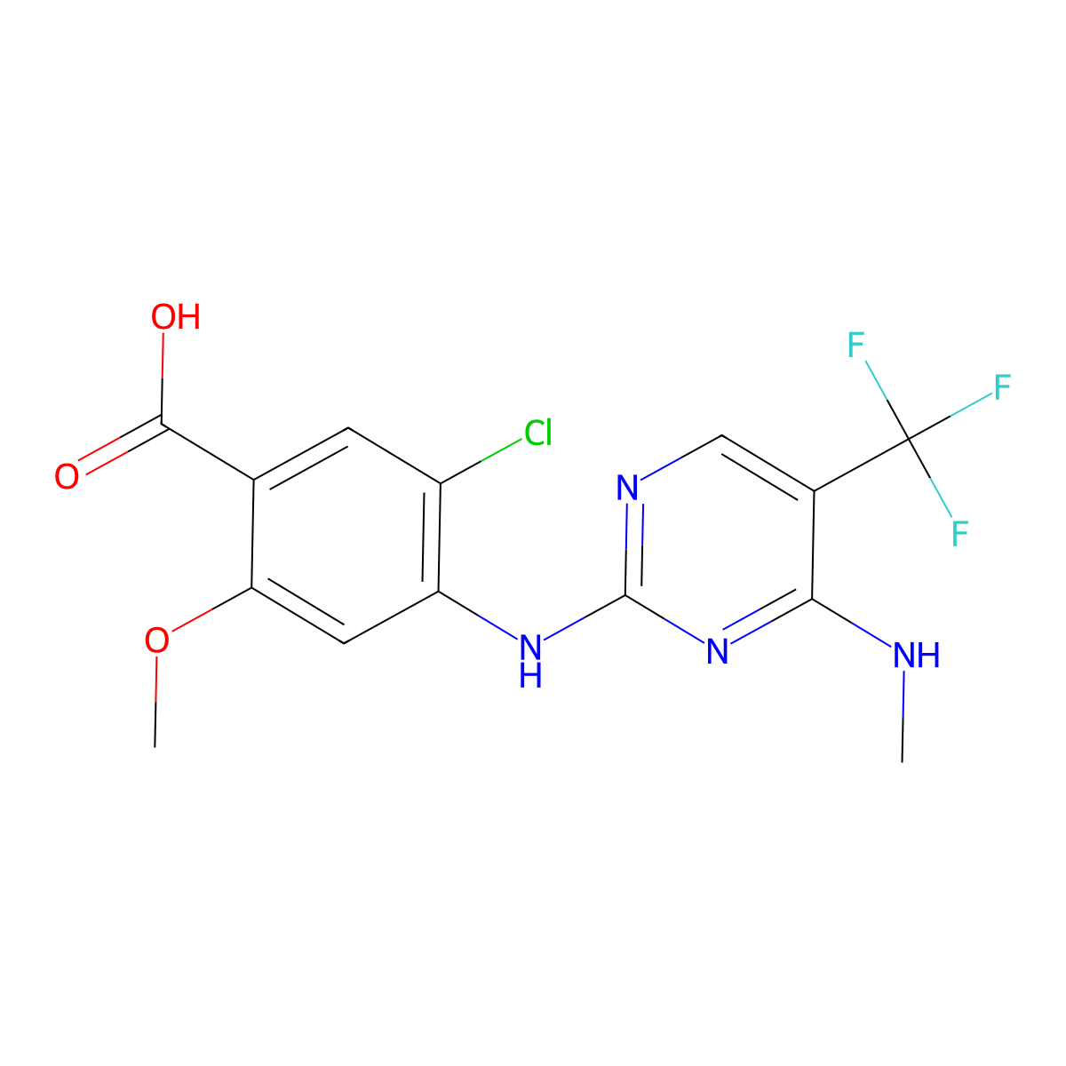 5-Chloro-2-methoxy-4-((4-(methylamino)-5-(trifluoromethyl)pyrimidin-2-yl)amino)benzoic acid molecular structure, CAS 1440964-21-5