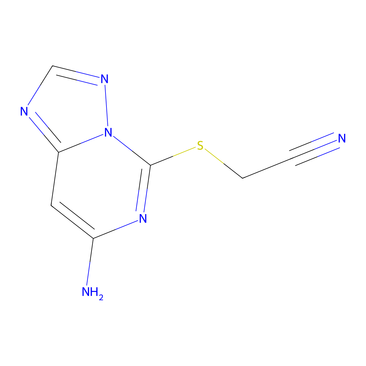 Acetonitrile, [(7-amino[1,2,4]triazolo[1,5-c]pyrimidin-5-yl)thio]- molecular structure, CAS 144105-14-6