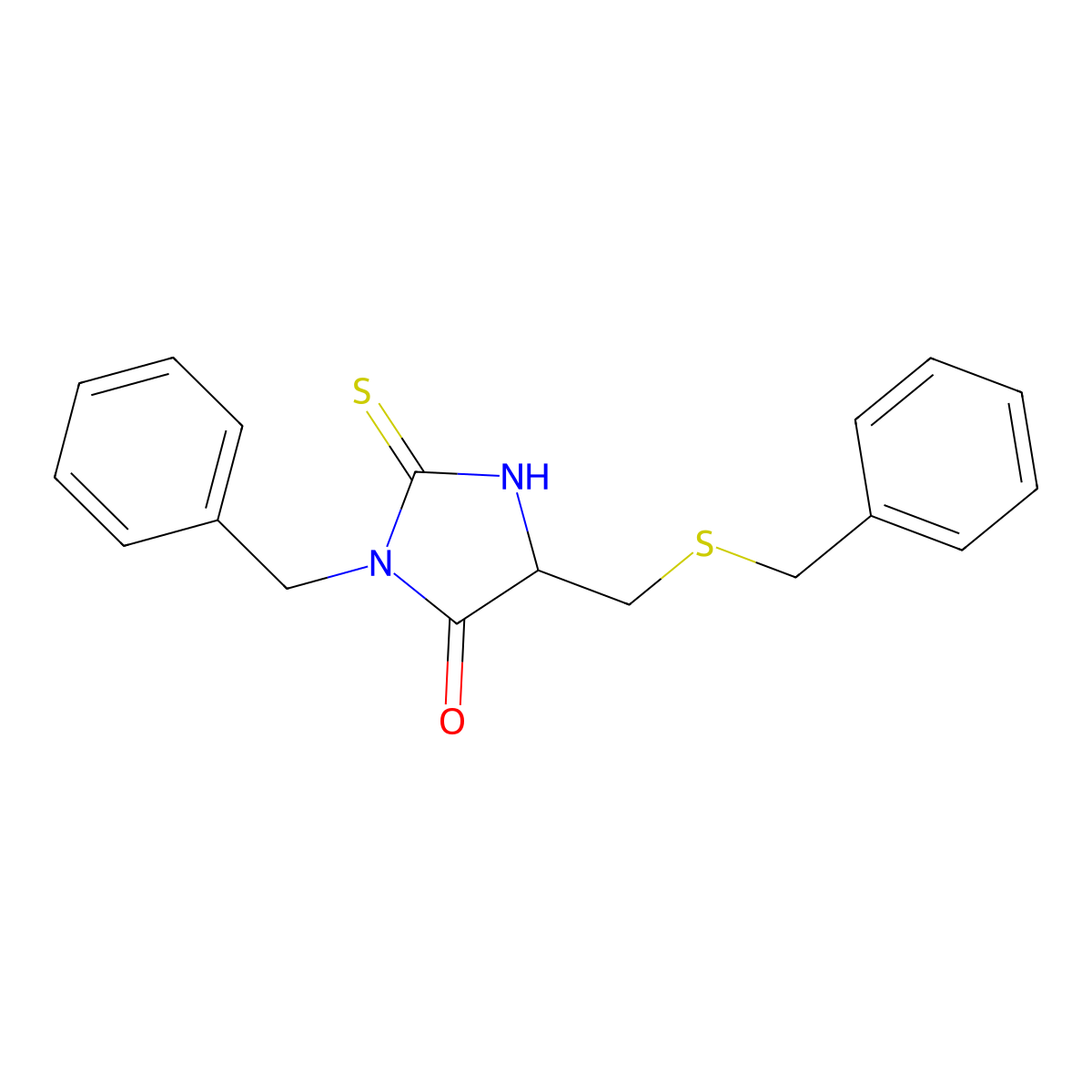 3-Benzyl-5-(benzylsulfanylmethyl)-2-sulfanylideneimidazolidin-4-one molecular structure, CAS 144150-60-7