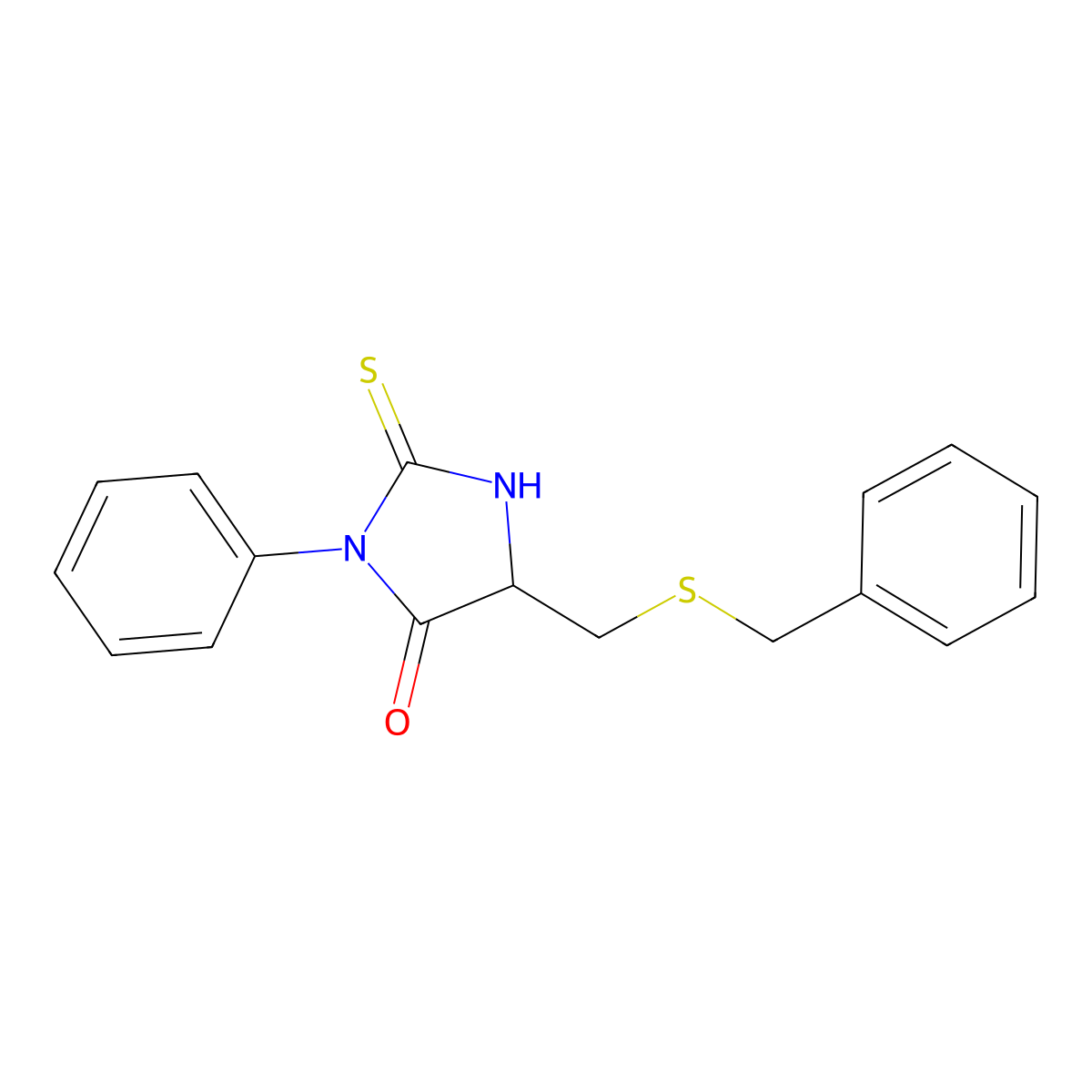 5-(Benzylsulfanylmethyl)-3-phenyl-2-sulfanylideneimidazolidin-4-one molecular structure, CAS 144150-61-8