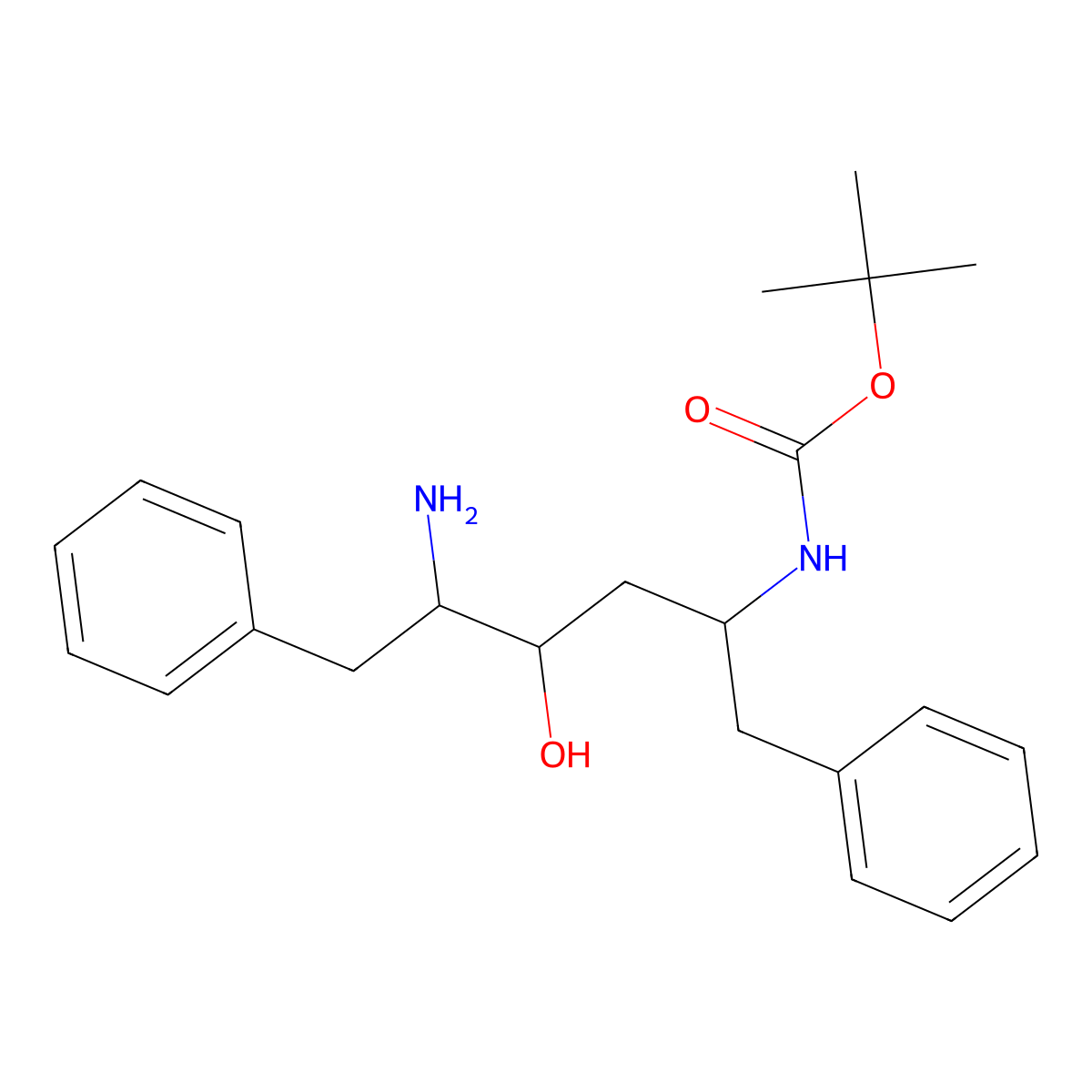 5-tert-Butyloxycarbonylamino-2-amino-3-hydroxy-1,6-diphenylhexane, (2S,3S,5S)- molecular structure, CAS 144163-85-9