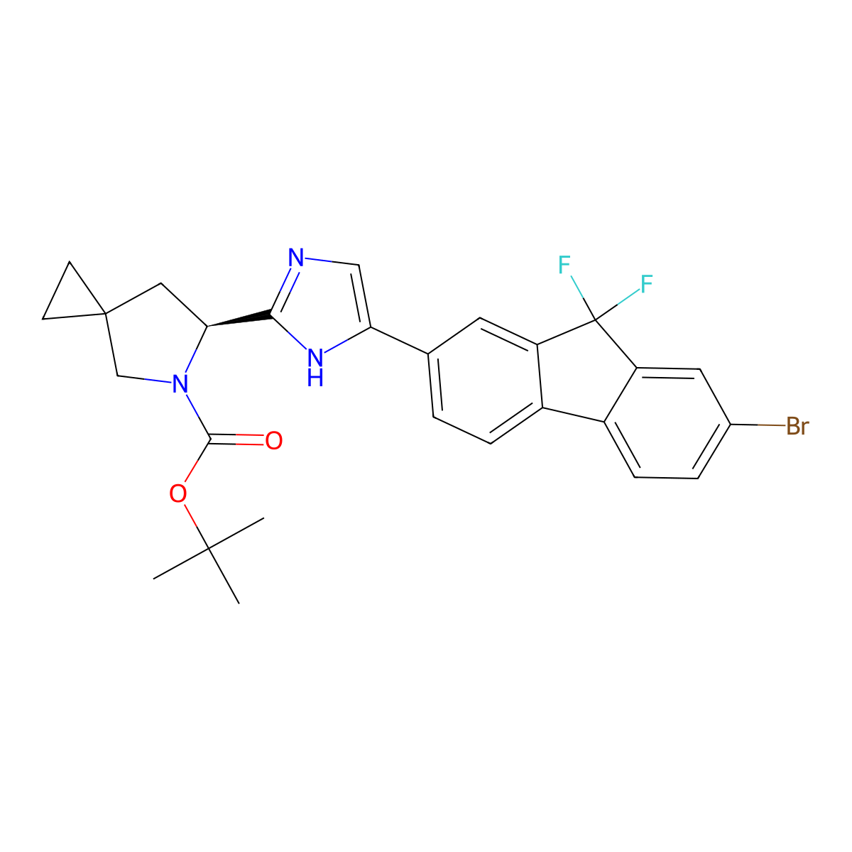 (S)-tert-butyl 6-(5-(7-bromo-9,9-difluoro-9H-fluoren-2-yl)-1H-imidazol-2-yl)-5-azaspiro[2.4]heptane-5-carboxylate molecular structure, CAS 1441670-89-8