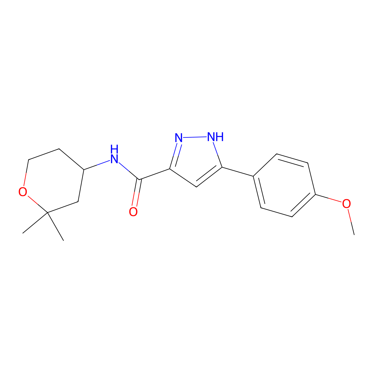 N-(2,2-dimethyltetrahydro-2H-pyran-4-yl)-5-(4-methoxyphenyl)-1H-pyrazole-3-carboxamide molecular structure, CAS 1441847-72-8