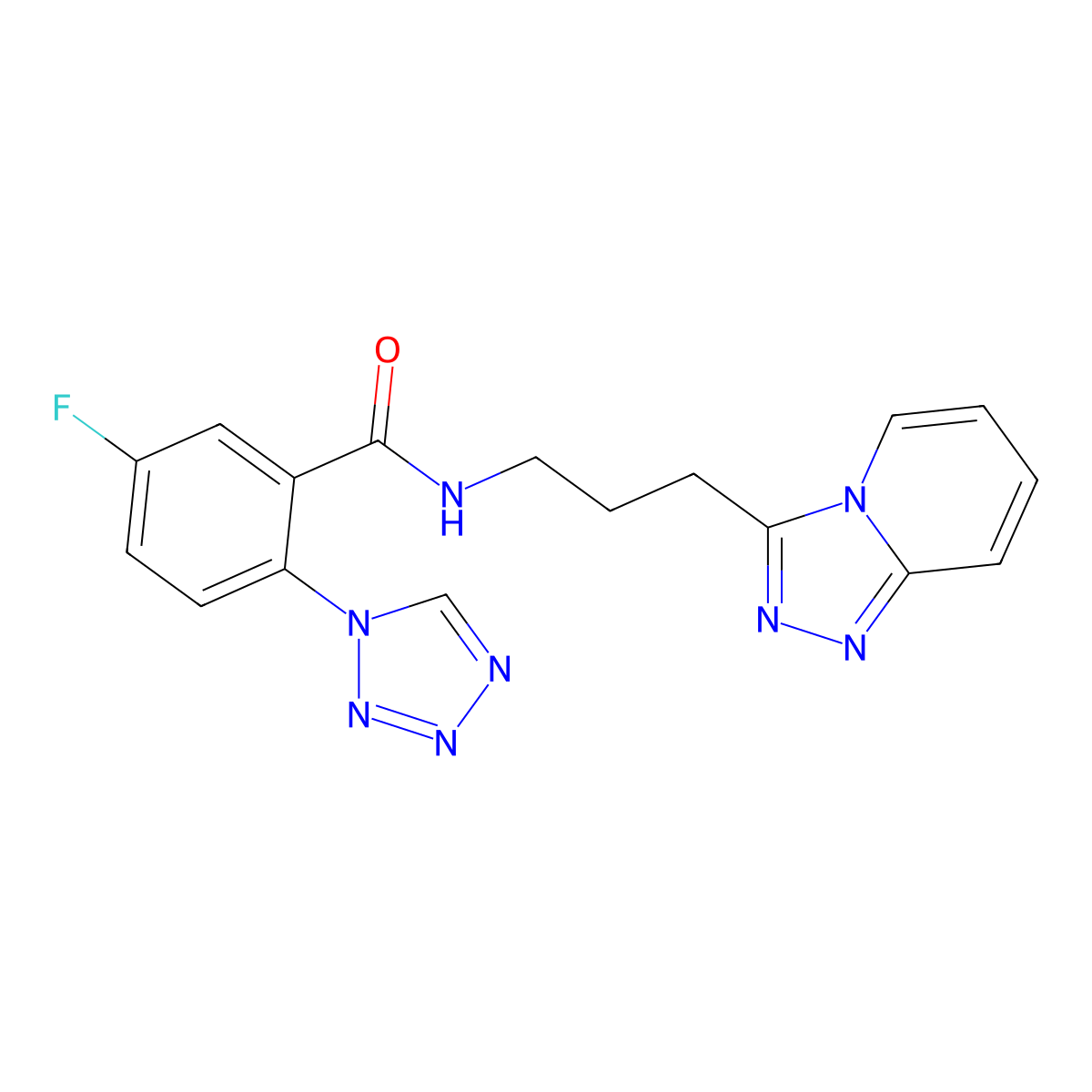 5-fluoro-2-(1H-1,2,3,4-tetraazol-1-yl)-N-(3-[1,2,4]triazolo[4,3-a]pyridin-3-ylpropyl)benzamide molecular structure, CAS 1441872-36-1