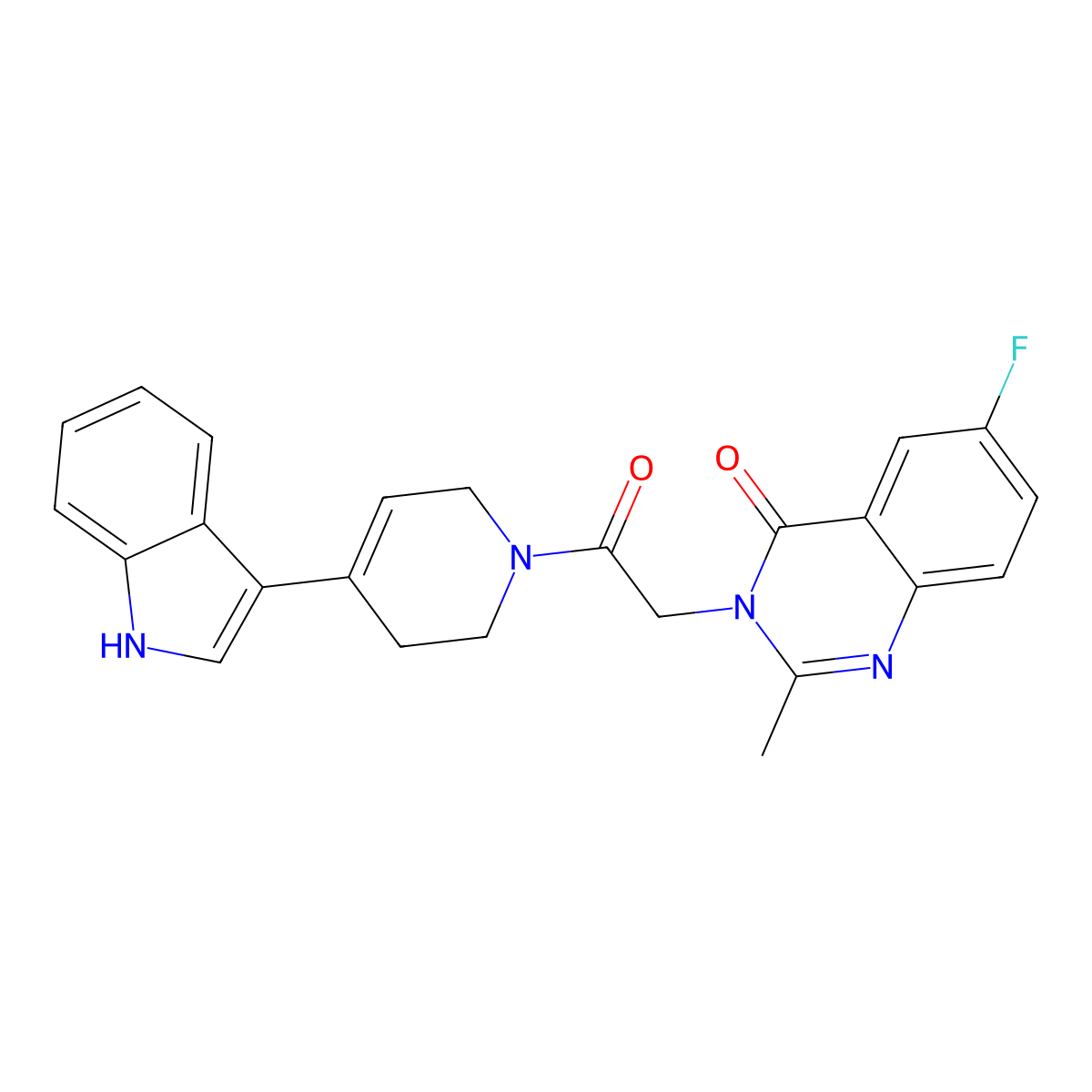 6-fluoro-3-{2-[4-(1H-indol-3-yl)-3,6-dihydropyridin-1(2H)-yl]-2-oxoethyl}-2-methylquinazolin-4(3H)-one molecular structure, CAS 1441878-47-2