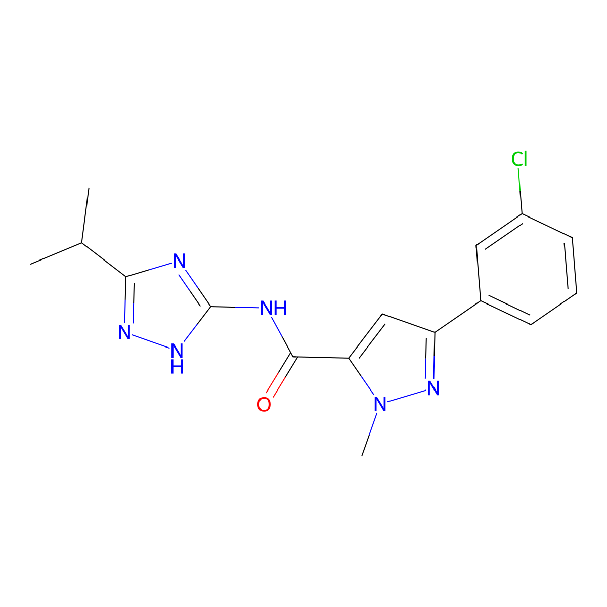 3-(3-chlorophenyl)-1-methyl-N-[3-(propan-2-yl)-1H-1,2,4-triazol-5-yl]-1H-pyrazole-5-carboxamide molecular structure, CAS 1441889-56-0