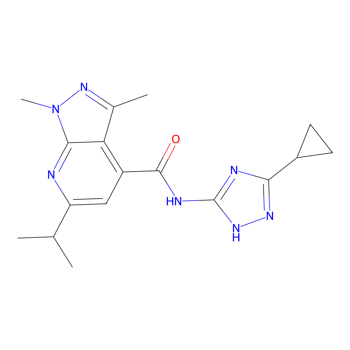 N-(3-cyclopropyl-1H-1,2,4-triazol-5-yl)-1,3-dimethyl-6-(propan-2-yl)-1H-pyrazolo[3,4-b]pyridine-4-carboxamide molecular structure, CAS 1441899-38-2