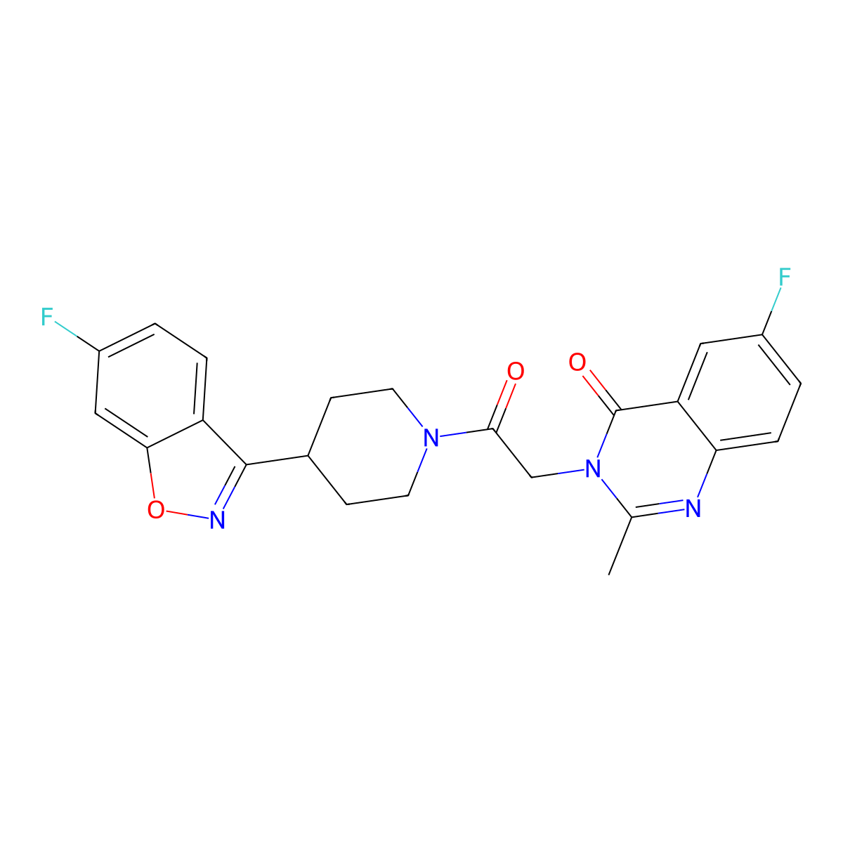 6-fluoro-3-{2-[4-(6-fluoro-1,2-benzoxazol-3-yl)piperidin-1-yl]-2-oxoethyl}-2-methylquinazolin-4(3H)-one molecular structure, CAS 1441911-16-5