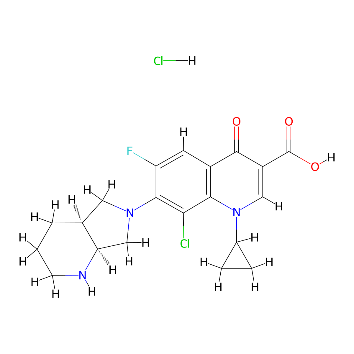 3-Quinolinecarboxylic acid, 8-chloro-1-cyclopropyl-6-fluoro-1,4-dihydro-7-((4aS,7aS)-octahydro-6H-pyrrolo(3,4-b)pyridin-6-yl)-4-oxo-, hydrochloride (1:1) molecular structure, CAS 144194-96-7