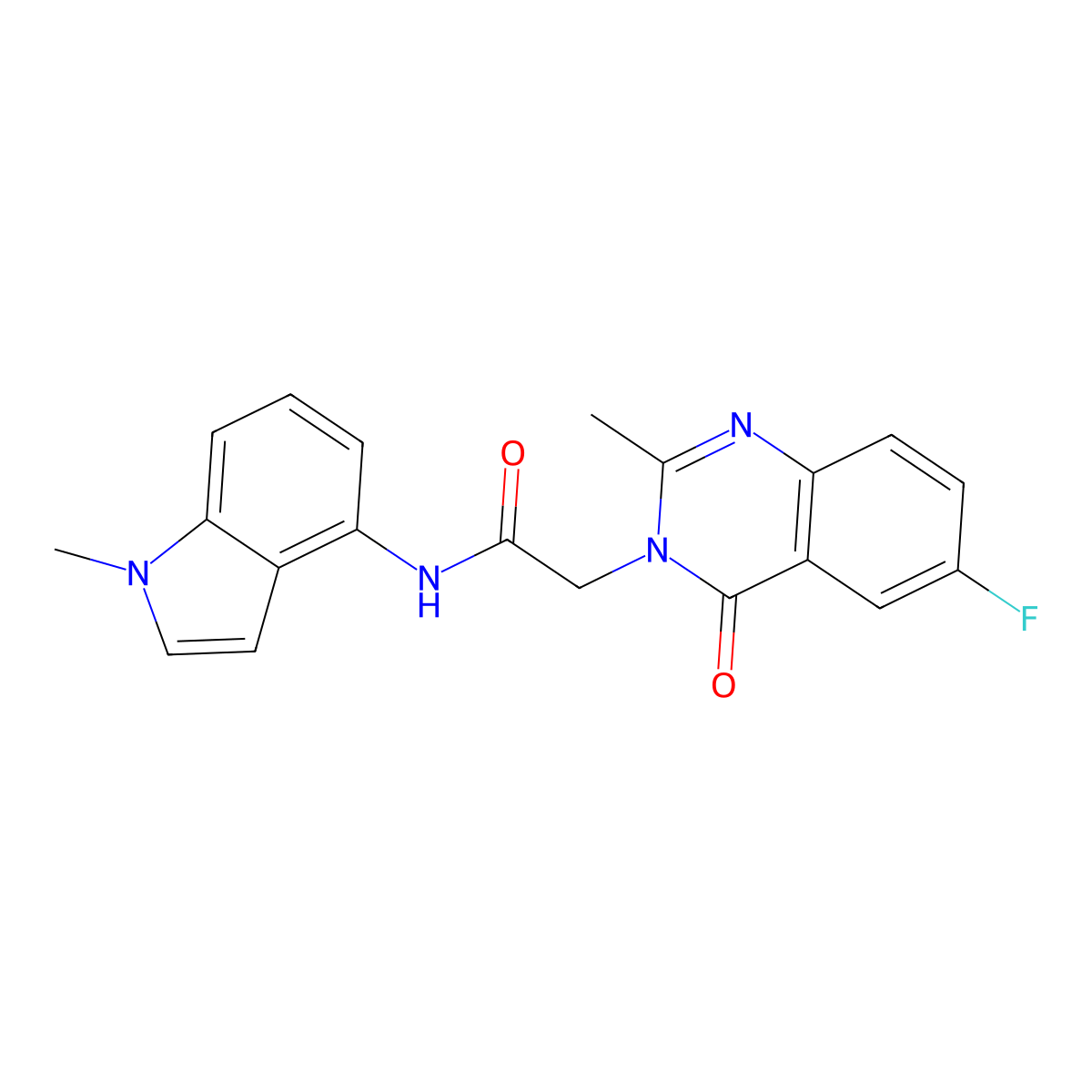 2-(6-fluoro-2-methyl-4-oxoquinazolin-3(4H)-yl)-N-(1-methyl-1H-indol-4-yl)acetamide molecular structure, CAS 1442078-34-3