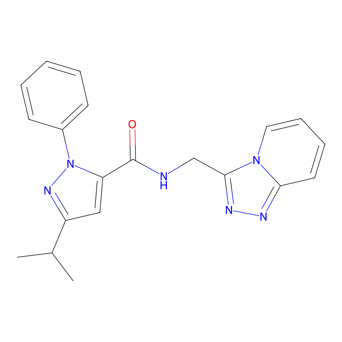 3-isopropyl-1-phenyl-N-([1,2,4]triazolo[4,3-a]pyridin-3-ylmethyl)-1H-pyrazole-5-carboxamide molecular structure, CAS 1442078-63-8