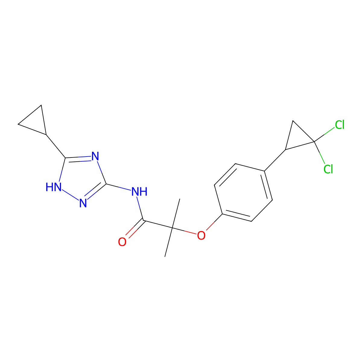N-(3-cyclopropyl-1H-1,2,4-triazol-5-yl)-2-[4-(2,2-dichlorocyclopropyl)phenoxy]-2-methylpropanamide molecular structure, CAS 1442079-51-7