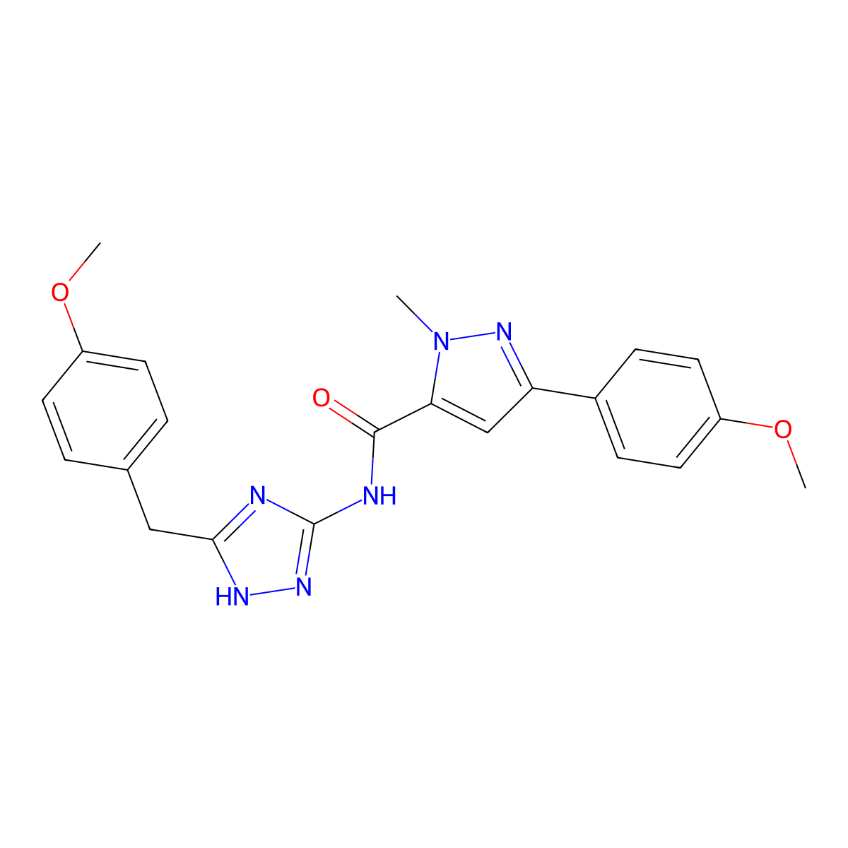 N-[3-(4-methoxybenzyl)-1H-1,2,4-triazol-5-yl]-3-(4-methoxyphenyl)-1-methyl-1H-pyrazole-5-carboxamide molecular structure, CAS 1442079-88-0
