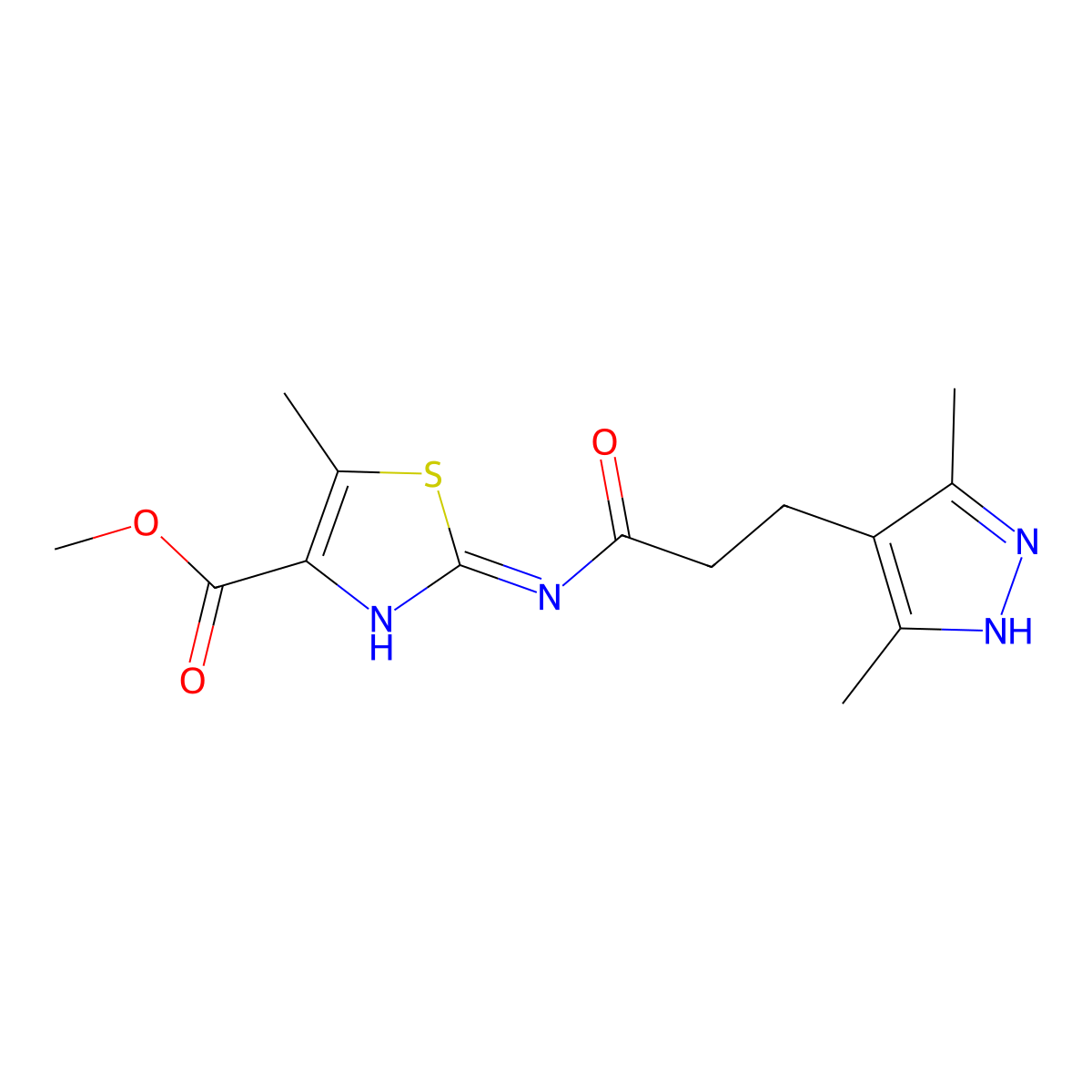 methyl 2-{[3-(3,5-dimethyl-1H-pyrazol-4-yl)propanoyl]amino}-5-methyl-1,3-thiazole-4-carboxylate molecular structure, CAS 1442081-30-2
