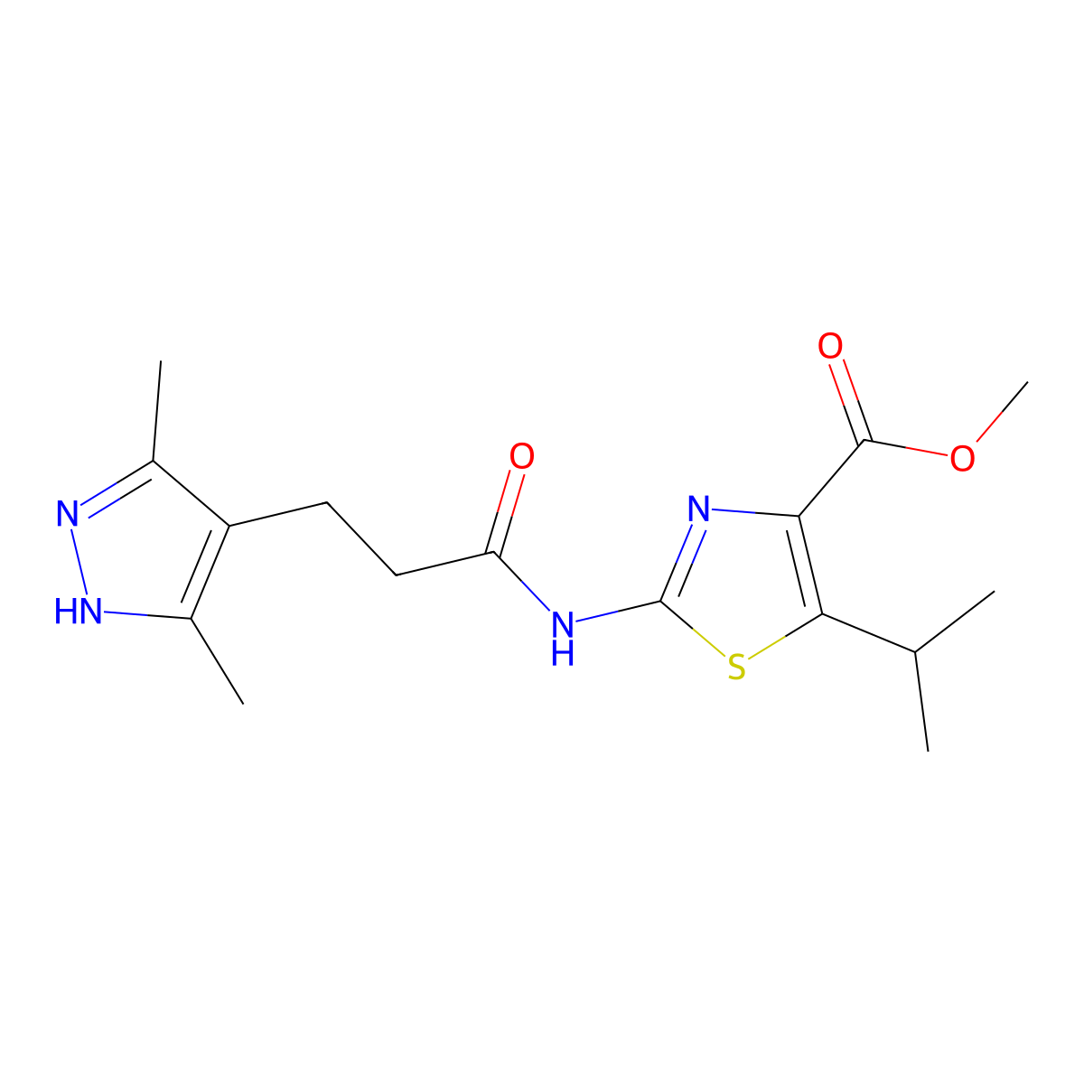 methyl 2-{[3-(3,5-dimethyl-1H-pyrazol-4-yl)propanoyl]amino}-5-(propan-2-yl)-1,3-thiazole-4-carboxylate molecular structure, CAS 1442081-32-4