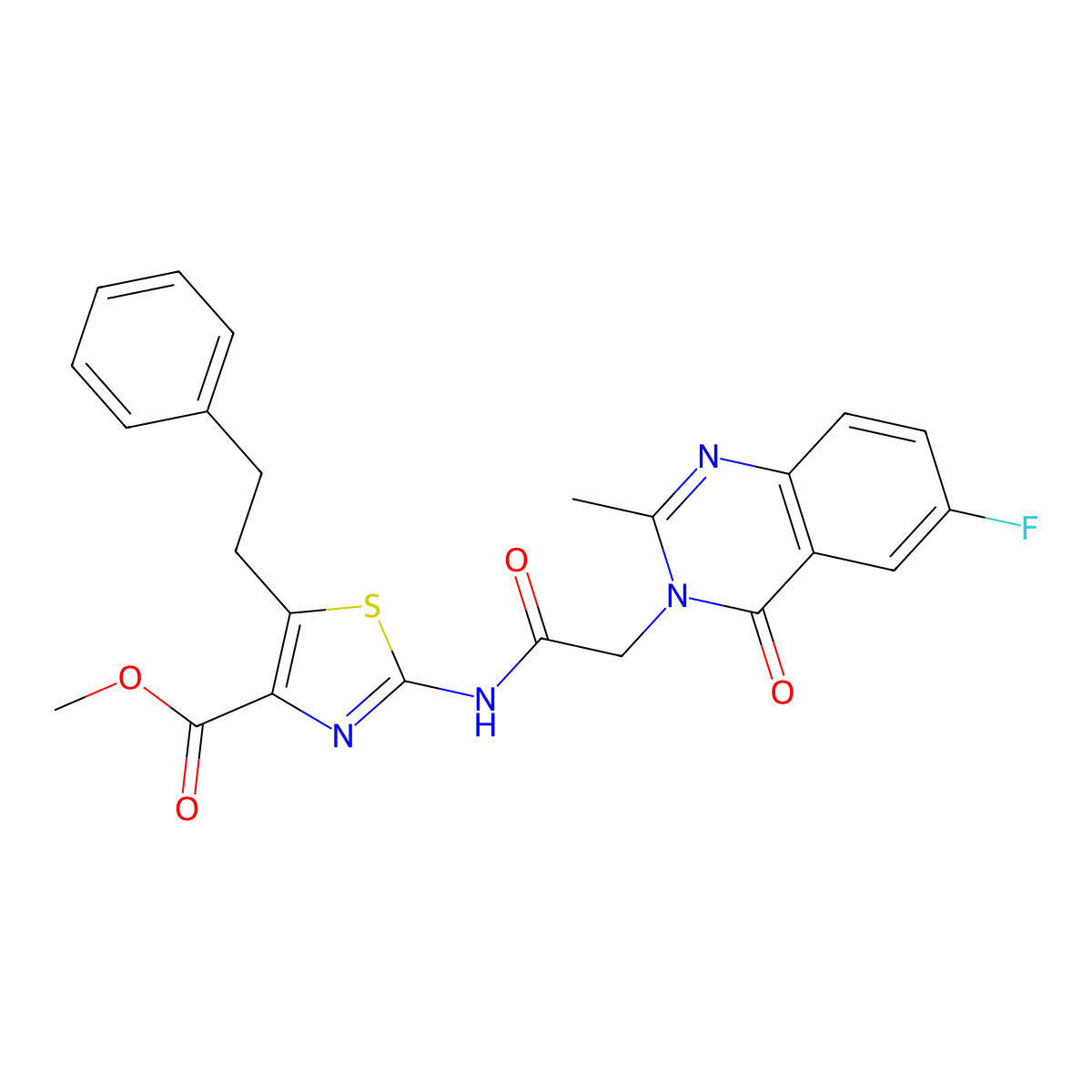 methyl 2-{[(6-fluoro-2-methyl-4-oxoquinazolin-3(4H)-yl)acetyl]amino}-5-(2-phenylethyl)-1,3-thiazole-4-carboxylate molecular structure, CAS 1442083-66-0