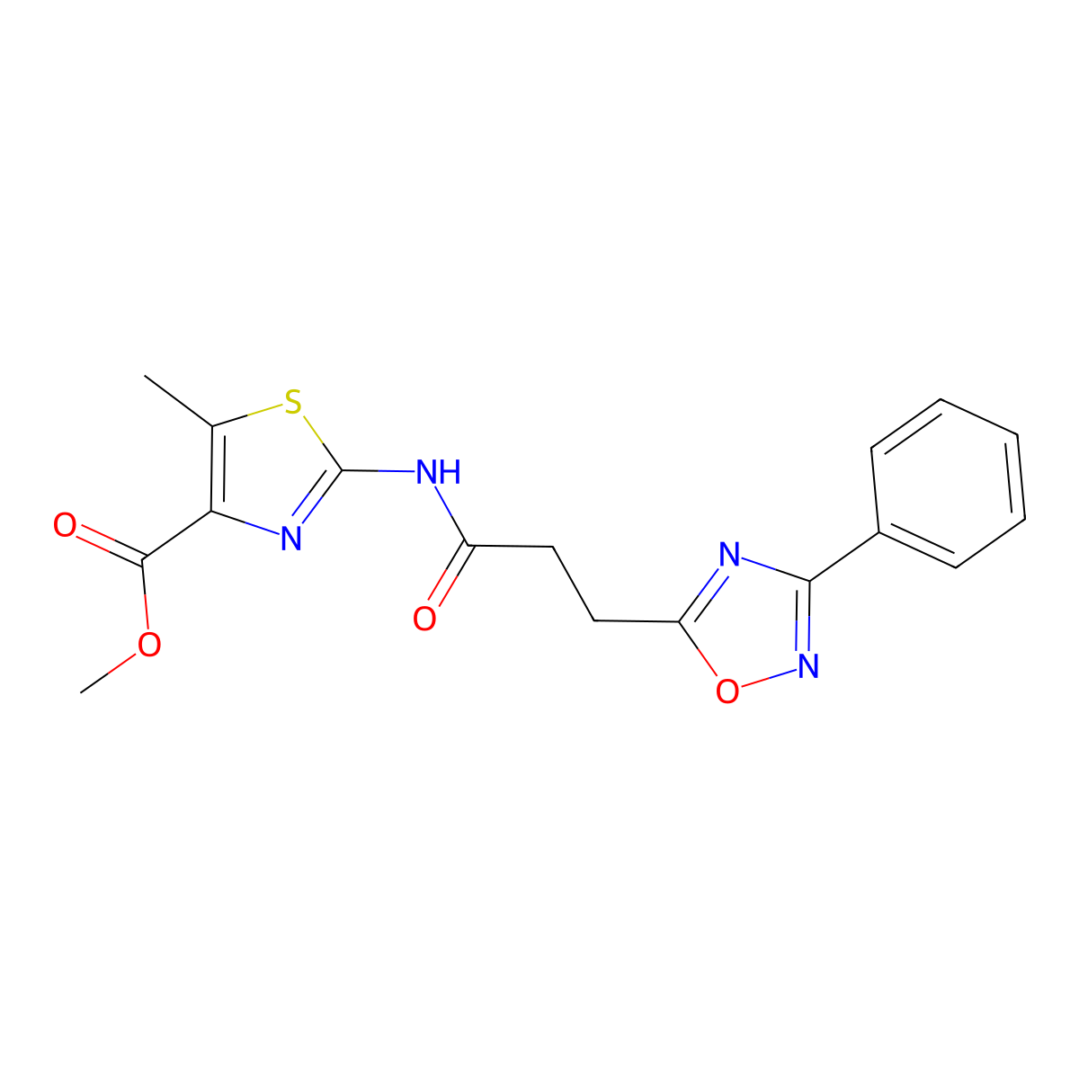 Methyl 5-methyl-2-{[3-(3-phenyl-1,2,4-oxadiazol-5-yl)propanoyl]amino}-1,3-thiazole-4-carboxylate molecular structure, CAS 1442083-71-7